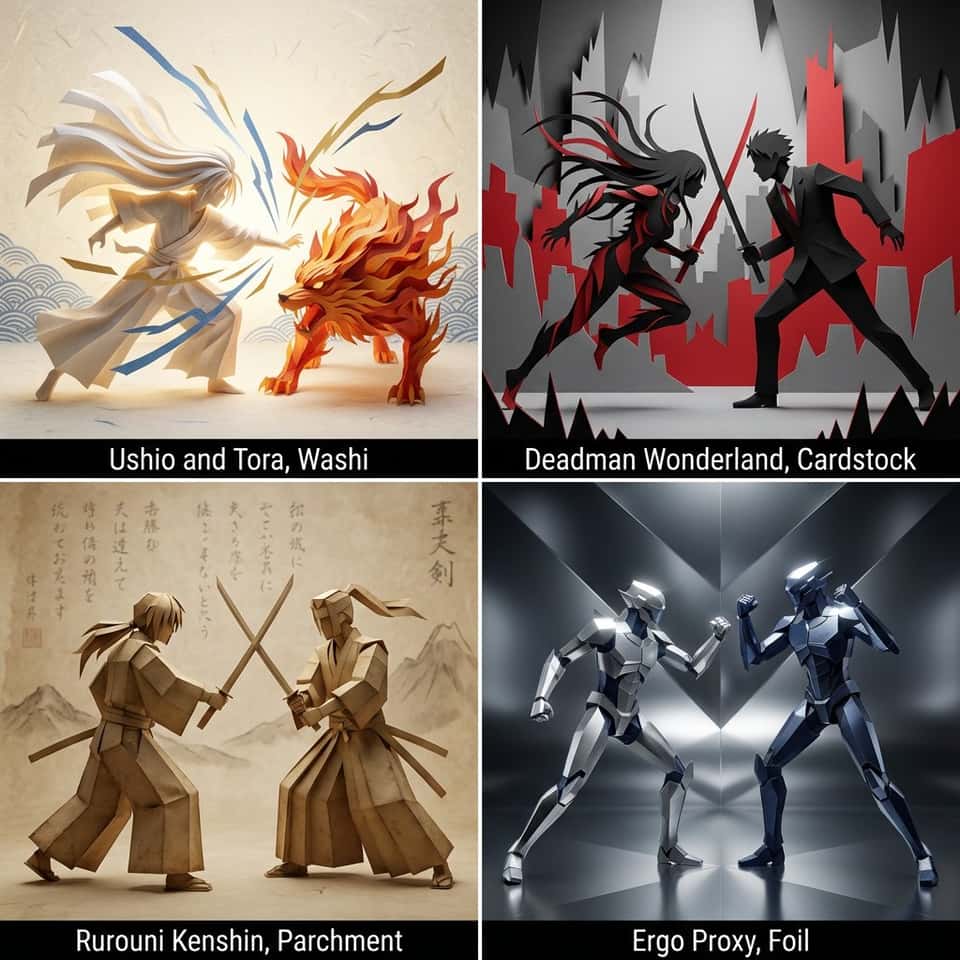 Do this for Bleach <instruction>
 
Input A is an Anime/Manga Genre  or a list of 4 Titles.
Select 4 other lesser known gems and map them to a   Paper Medium   that fits their aesthetic:
     Title 1 (The Traditional/Spiritual):  (e.g., Demon Slayer, Noragami) ->   Washi / Rice Paper  . Texture: Fibrous, soft, translucent, organic folds.
     Title 2 (The Dark/Modern):  (e.g., Tokyo Ghoul, Blue Exorcist) ->   Layered Cardstock  . Texture: Sharp scissor cuts, matte finish, bold solid colors, "Shadow Box" depth.
     Title 3 (The Historic/Gritty):  (e.g., Vinland Saga, Kekkaishi) ->   Rough Parchment / Kraft Paper  . Texture: Crinkled, yellowed, geometric creases, ink-stained.
     Title 4 (The Tech/Gothic):  (e.g., Evangelion, D.Gray-man) ->   Metallic Foil / Origami  . Texture: High-gloss silver/chrome, razor-sharp geometric polygons, reflective.

  2. Container:
Goal: A "Papercraft Art Exhibition" Composite.
     Layout:  A strict   2x2 Grid   separated by thin white lines.
     The Caption:  At the bottom of  each  quadrant, place a   Black Bar   with white text centered: "[Anime Title], [Material Name]" (e.g., "Noragami, Washi").

  3. Composition 
     The Subject:  Two figures (Protagonist vs. Rival/Monster) locked in a dynamic combat pose (mid-air, clashing weapons).
     The Construction:  The figures are   NOT   2D drawings. They are   3D Paper Sculptures  .
         Volume:  They cast realistic shadows on the background.
         FX:  Energy attacks (fire, lightning) are represented by stylized paper strips (e.g., Blue Cardstock flames).

  4. Visuals
     Washi Panel:  Backlit to show fiber texture. Soft, flowing robes.
     Cardstock Panel:  High contrast, "Paper Theater" layering. Sharp silhouettes.
     Parchment Panel:  Rigid, boxy folds. Earth tones.
     Foil Panel:  Specular highlights. Angular, robotic folding patterns.

  5. Lighting & Atmosphere:  
     Lighting:    Studio Product Lighting.   Tailored to each material (Softbox for Washi, Point light for Foil).
     Background:  Simple, solid dark or gradient backgrounds that complement the paper colors.

  Output:   ONE image, 1:1 Aspect Ratio, 2x2 Grid, 3D Render, "Paper Art" aesthetic, High Texture Fidelity.
</instruction>