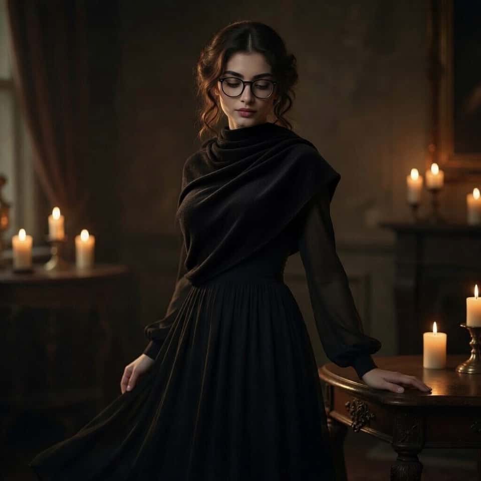 {
  "image_generation_prompt": {
    "subject": {
      "description": "Young woman in a dim candlelit room",
      "pose": "Standing gracefully, one hand resting on a wooden surface and the other relaxed by her waist",
      "expression": "Serene, introspective, gazing downward",
      "hair": "Loose curls framing her face with soft shadows"
    },
    "apparel": {
      "garment": "Elegant black dress",
      "fit": "Flowing and soft",
      "style": "Vintage-inspired, refined"
    },
    "environment": {
      "setting": "Dim, candlelit interior",
      "lighting": "Warm golden candlelight outlining her silhouette",
      "details": "Flickering candles surrounding the space, wooden surface nearby, rich dark tones enhancing depth"
    },
    "mood": {
      "tone": "Calm, intimate, and reflective",
      "aesthetic": "Cinematic, vintage charm with soft emotional warmth"
    },
    "composition": {
      "focus": "Subject centered with soft depth of field",
      "framing": "Mid-length portrait",
      "style": "Cinematic lighting, high detail, subtle shadows"
    },
    "technical_specs": {
      "resolution": "high",
      "style": "ultra-realistic",
      "lighting_type": "low-light, candlelit",
      "color_palette": "warm golds, deep blacks, soft browns"
    }
  }
}