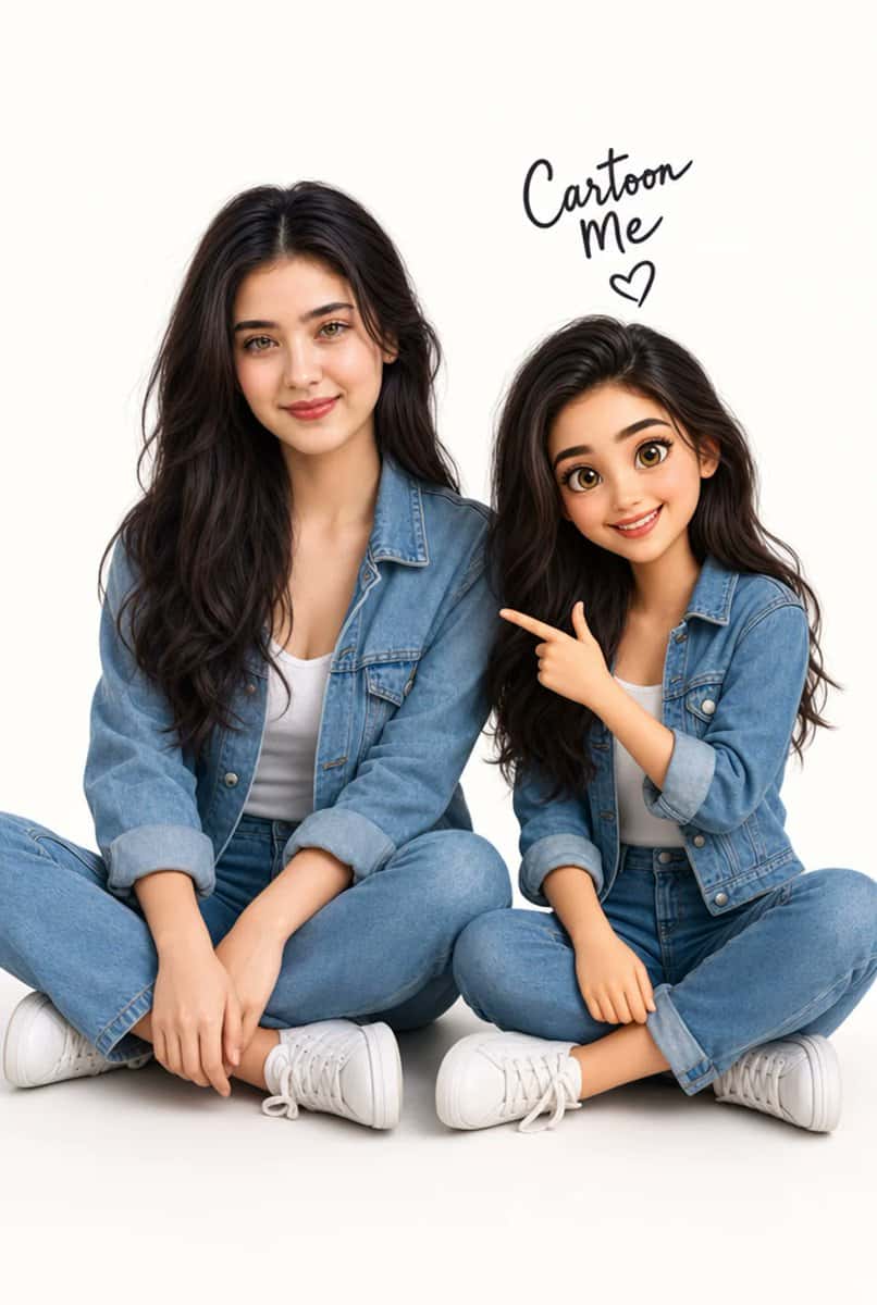 Use given photo as the mandatory facial reference. Create a "Cartoon Me" image: a realistic version of me sitting on the floor wearing a blue denim outfit and white sneakers, next to an ultra-cute 3D Pixar-style cartoon version of myself based on my face, pointing at me with a cheerful smile. Both versions should have the same hairstyle and outfit. Minimalist white background, soft studio lighting, premium 3D render, large expressive eyes, clean vibrant colors, ultra-high detail, 8K quality, vertical 4:5 aspect ratio. Include the handwritten text “Cartoon Me ♥”.