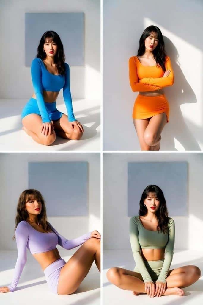 {
  "prompt_type": "high-fidelity_fashion_series",
  "series_details": {
    "layout": "2x2_grid_collage",
    "background": "minimalist_modern_white_room",
    "lighting": "cinematic_studio_lighting",
    "resolution": "8k_ultra_hd"
  },
  "subjects": [
    {
      "pair": "Dua Lipa & Jennie Kim",
      "outfits": ["neon_blue_crop_top_and_shorts", "vibrant_orange_crop_top_and_shorts"],
      "pose": "synchronized_low_sitting_pose"
    },
    {
      "pair": "Zendaya & Taylor Swift",
      "outfits": ["lavender_crop_top_and_shorts", "sage_green_crop_top_and_shorts"],
      "pose": "mirrored_sitting_pose"
    }
  ],
  "aesthetic_tags": ["photorealistic", "sharp_focus", "high-fashion", "vibrant_contrast"]
}