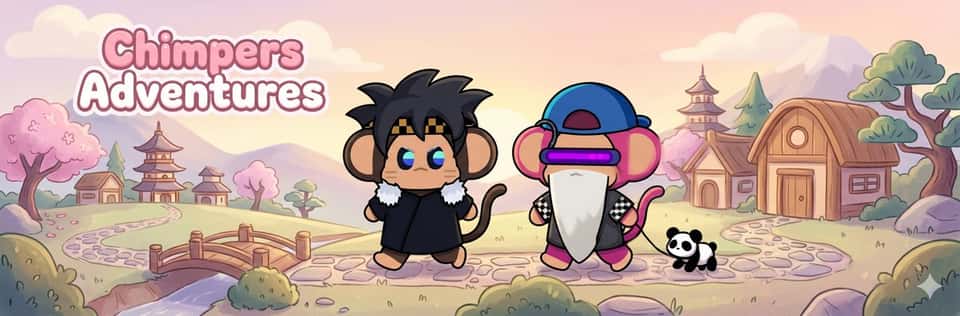 a wide 3:1 banner illustration (1500x500) in a soft, painterly 2D kawaii style, inspired by cozy mobile game worlds and warm animated scenes INPUT LOGIC (VERY IMPORTANT): if one character reference is provided → show exactly one character if multiple character references are provided → include ALL characters each character must appear exactly once do not duplicate or omit any character CHARACTER RULES: all characters must preserve their original design exactly: same proportions, silhouette, colors and traits face is strictly locked, no reinterpretation eyes and mouth must match exactly, no added features POSE & ACTION: characters are shown in dynamic, natural movement slight side or 3/4 perspective (not front-facing) subtle motion (walking, running, exploring) calm and story-like, not exaggerated SCENE (INSPIRED BY REFERENCES): soft, cozy outdoor or street-like environment dojo-inspired elements blended into everyday scenery simple buildings, paths, bridges or landscapes rounded trees, bushes and natural shapes small environmental storytelling details STYLE REQUIREMENTS: soft, slightly textured painterly brush look gentle grain for an organic feel warm, harmonious color palette pastel tones with soft gradients no sharp edges, everything rounded COLOR & MOOD: warm, cozy, slightly dreamy atmosphere sunrise, sunset or soft daylight tones COMPOSITION: wide cinematic layout (3:1 ratio) strong sense of space and calm storytelling character slightly off-center (if single) multiple characters spread naturally (if multiple) clear depth (foreground, midground, background) TYPOGRAPHY (IMPORTANT ADDITION): include small text: "Chimpers Adventures" placed subtly in the scene (e.g. top corner, sign, or sky area) use a rounded, bubbly, playful font style thick soft outlines with light inner fill color similar to pink/white bubble lettering slightly imperfect, hand-drawn feel must blend naturally into the environment, not dominate LIGHTING: soft ambient lighting gentle highlights and glow no harsh contrast IMPORTANT: no realism, no 3D rendering no glitch or sharp artifacts keep everything cohesive, soft and painterly high detail 2D illustration, soft painterly kawaii aesthetic, optimized for a Twitter banner