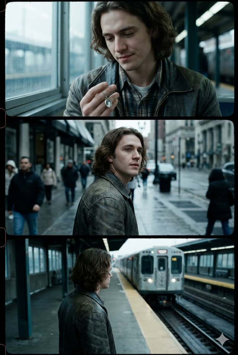 Transform the uploaded image of the person ( Keep the face of the person 100% accurate from the reference image ) into cinematic 3-frame sequential film stills (horizontal frames stacked vertically), full bleed edge-to-edge. Each frame should show a different moment from the same scene, with clear progression. Vary the composition, camera angle, and distances to create a sense of movement and storytelling. Use a cinematic, cooler-toned, high-contrast, deep-space blacks film with a natural color grade. Add subtle film grain, slight motion blur, and natural imperfections to emulate analog photography. Keep the composition candid and emotionally grounded, with a sense of movement and quiet storytelling. Overall aesthetic: cinematic, nostalgic, and organic, like raw film stills.