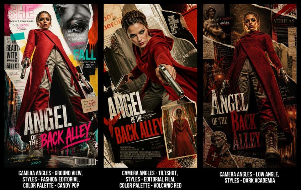 Ultra-detailed cinematic poster "Angel of the Back Alley". Collage elements: ripped paper edges, layered magazine cutouts, halftone textures, tape strips, paint splashes, handwritten scribbles, abstract geometric accents, typography fragments, and subtle graffiti textures — all intentional and balanced, not overcrowded.