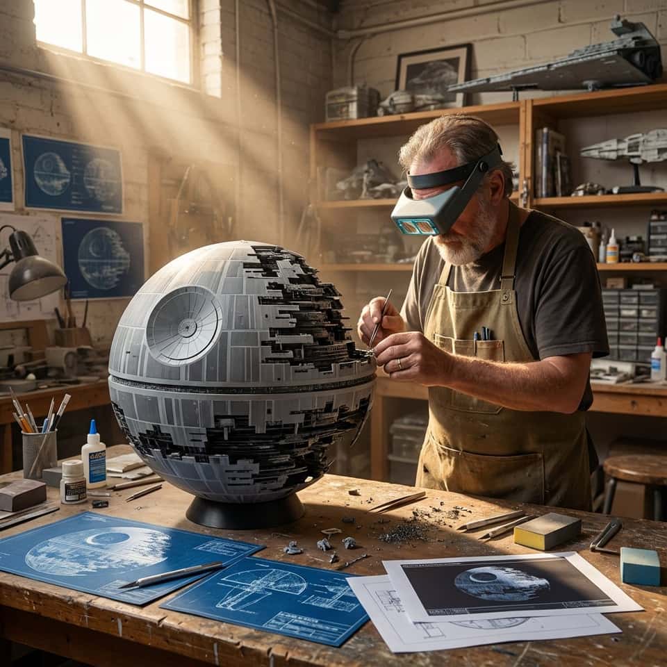 I have played around with this Nano Banana Pro prompt long enough. I made minor changes to make sure it is less hard coded. 

Prompt: 
 Do this for Death Star: <instruction>
  1. The Semantic Inference Engine (The Masterpiece):  
Input A is a Famous Building, City, or Fictional Structure (e.g., The Colosseum, Hogwarts, The Death Star).
Analyze the subject to determine the   Model Aesthetic  :
   The Material:  Identify the primary modeling medium.
   (e.g., Ancient Ruins -> Plaster/Clay. Modern City -> White Foamcore/Acrylic. Fantasy -> Wood/Moss). 
   The Blueprints:  Identify the reference documents on the table.
   (e.g., Vintage Parchment Maps vs. Blue Cyanotypes vs. Digital CAD printouts). 
2.  The Workshop :
Goal: "Cinematic Artisan" Portrait.
The Room: A cluttered, high-ceilinged Model Maker's Studio. Wooden shelves line the walls, filled with "Previous Projects" (other models in the same genre).
The Character: an input inspired maker character wearing a relevant apron and an appropriate Visor or protective tool
The Table: A scarred wooden workbench covered in scale modeling tools: X-Acto knives, glue bottles, sanding blocks, and sawdust.
3. The Narrative :
The Pose: The craftsman is leaning in close to the "Model" (Input A), which sits centrally on the table.
The Interaction: He is delicately placing a Tiny Detail Component onto the structure using tweezers or his fingers.
(e.g., Planting a miniature tree, placing a tiny flag, or gluing a microscopic figure).
The Scale: The model looks grand but miniature; the human hands look massive and weathered in comparison.
4. Lighting & Atmosphere:
Lighting: Volumetric God Rays (Tyndall Effect). A strong, singular shaft of warm sunlight streams in from a high window (top left/center), illuminating the floating dust particles and spotlighting the model.
Contrast: The workshop corners are in deep shadow; the work surface is bright.
Palette: Warm, dusty Earth Tones (Browns, Golds, Beiges).
Output: ONE image, 16:9 Aspect Ratio, Cinematic Photography, "National Geographic" aesthetic, Volumetric Lighting.
</instruction>