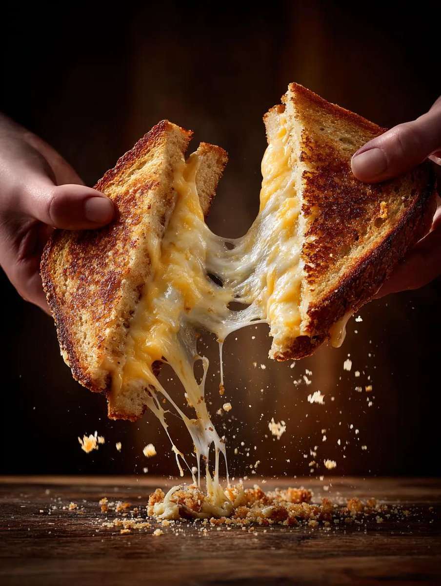 A cinematic food action photograph of two hands pulling apart a grilled cheese sandwich, with long melted cheddar strands stretching dramatically between the two halves. The toasted bread has crisp golden edges, crumbs are falling and suspended in mid-air, and the scene is lit with warm cozy light for an appetizing, close-up, high-detail food photography look.