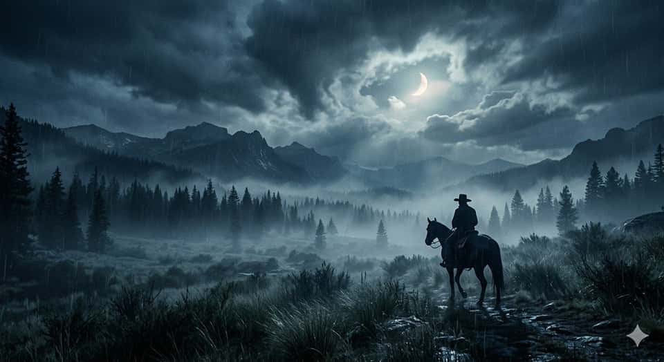 A lone cowboy silhouetted against a moonlit sky, riding across a misty, fog-shrouded landscape at dusk or night. The figure wears a wide-brimmed western hat and sits astride a dark horse, moving through tall grass. Dense evergreen trees emerge from the mist in the background, creating a moody, atmospheric scene. The moon glows softly through hazy clouds, casting an ethereal light across the scene. The overall mood is cinematic, melancholic, and evocative of classic Western noir—mysterious, solitary, and filled with quiet tension. The color palette consists of deep blues, grays, and blacks with pale moonlight accents. The composition emphasizes solitude and isolation in a vast, shadowy wilderness.