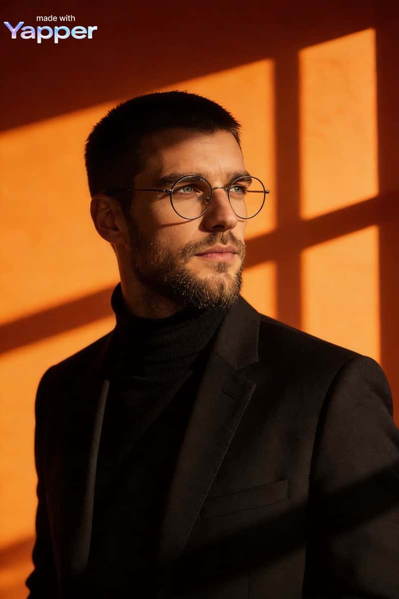 Ultra-realistic cinematic portrait of a stylish man wearing a black blazer and black turtleneck, round eyeglasses, well-groomed beard and short hair, standing in dramatic warm sunlight, strong window shadow patterns cast on an orange wall background, high contrast lighting creating geometric shapes, confident expression looking to the side, editorial fashion photography style, studio lighting with golden hour tones, sharp focus, shallow depth of field, ultra-detailed skin texture, 85mm lens, 8K.