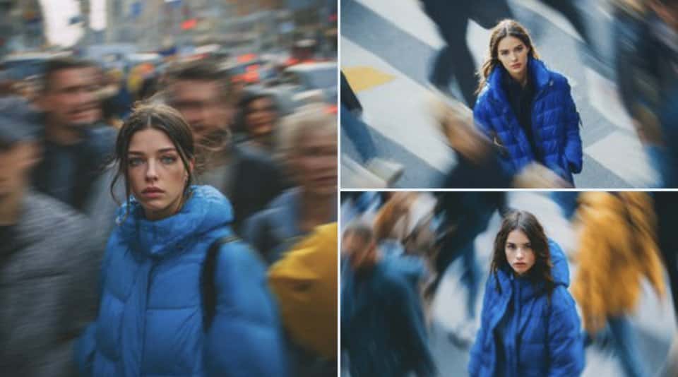 Ultra-realistic cinematic street portrait of a young woman in a bright blue puffer jacket standing still in the middle of a busy city crowd, intense eye contact with camera, shallow depth of field, motion-blurred pedestrians rushing around her, urban background with traffic lights and tall buildings, cool color grading, natural skin tones, soft overcast lighting, 85mm lens, f/1.8, high detail, sharp focus on subject, dynamic motion blur, editorial photography, 8k.