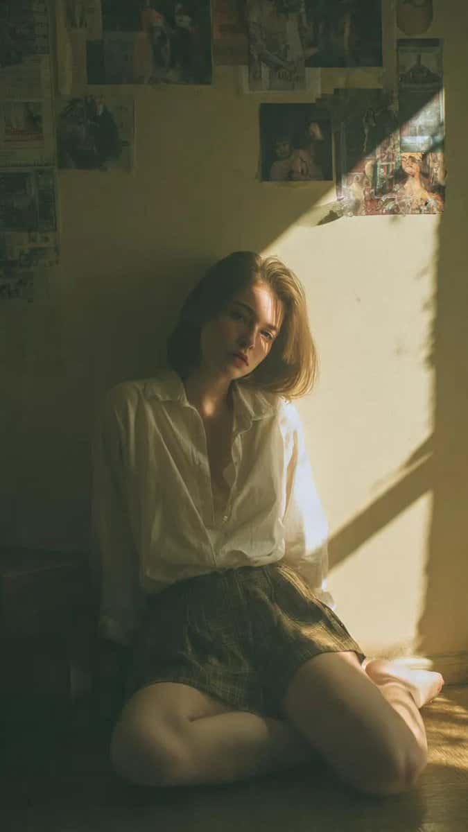 Cinematic portrait of a young woman sitting on the floor in a small vintage room, leaning slightly against a wall, relaxed but introspective expression, soft gaze toward camera, wearing a loose white shirt and plaid skirt, natural pose with legs folded, messy room with posters, papers, and old objects on the wall, nostalgic lived-in environment, quiet and melancholic mood

lighting: natural sunlight entering from a side window, strong directional side lighting casting sharp rectangular window shadows on wall and floor, warm sunlight hitting subject’s face and body, contrast between lit and shadow areas, soft light diffusion, gentle highlight bloom, slightly underexposed shadows

color grading: warm golden-yellow highlights, soft amber tones, midtones shifted to warm beige and muted orange, shadows tinted greenish-teal (subtle olive tone), overall slightly desaturated, faded blacks (matte), soft contrast, vintage film tone, gentle color fading, creamy skin tones

style: analog film photography, nostalgic mood, slightly dusty and hazy atmosphere, soft grain texture, imperfect texture on walls, cinematic still frame, wong kar-wai inspired warmth with natural light

camera: 50mm lens, eye-level or slightly low angle, shallow depth of field but environment still visible, subject in focus with soft falloff

extra: film grain, subtle vignette, light haze, natural imperfections, no modern clean look, slightly muted dynamic range