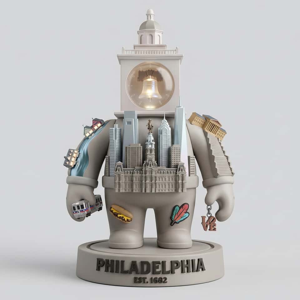 This prompt turns cities into collectible toys 

Do this for PHiladelphia: <instructions> Input Variable: [insert city or location]  System Instruction: Design a collectible designer-toy figure whose body is a miniature cityscape of the location.  1) Semantic Extraction: Infer 3–5 iconic forms + 2–3 cultural motifs + 1 signature transit + 1 natural feature.  2) Container: A vinyl toy (cute proportions) standing on a base. The head/torso/backpack surfaces are micro-dioramas of the place.  3) Material Palette (semantic): Choose a coherent toy finish (matte soft-touch, pearlescent, translucent, flocked, metallic) based on vibe.  4) Density: Tiny buildings, micro signage, mini figures embedded as “charms” and “patches” on the toy.  5) Typography: The location name is molded into the base like a limited-edition label; font style inferred.  Lighting: Toy product shot, clean background, crisp specular highlights.  Output: ONE image, 1:1, premium collectible render. </instructions>