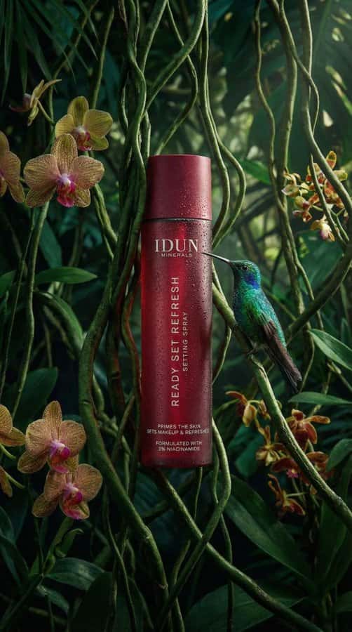 {   "subject": {     "primary": "Cosmetic spray bottle",     "secondary": "Hummingbird",     "brand": "IDUN MINERALS",     "product_name": "READY SET REFRESH"   },   "packaging": {     "form_factor": "Cylindrical bottle",     "component_parts": [       "Main body",       "Cap (flush with body)"     ],     "material_appearance": "Matte finish, likely plastic or coated metal",     "condition": "Pristine, new",     "reflections": "Vertical highlight on the left side, mirrored reflection in water below"   },   "label_design": {     "type": "Direct print onto bottle",     "layout_orientation": "Mixed (Horizontal brand/details, Vertical product name)",     "typography": {       "font_family": "Sans-serif",       "casing": "All uppercase",       "style": "Clean, minimalist",       "alignment": "Left aligned relative to the vertical axis for product name, centered horizontally for brand"     }   },   "text_visible": {     "brand_header": [       "IDUN",       "MINERALS"     ],     "body_vertical": [       "READY SET REFRESH",       "SETTING SPRAY"     ],     "footer_details": [       "PRIMES THE SKIN",       "SETS MAKEUP & REFRESHES",       "FORMULATED WITH",       "3% NIACINAMIDE"     ],     "reflection_text": "Inverted mirror image of all text visible on the water surface"   },   "colors": {     "packaging_base": "Deep red / Burgundy",     "text": "White",     "foliage": [       "Deep emerald green",       "Forest green",       "Moss green"     ],     "hummingbird": [       "Iridescent green (head/back)",       "Dark grey/brown (wings)",       "Reddish/pink (tail feathers)",       "Black (beak)"     ],     "water": "Dark, almost black with reflections"   },   "materials": {     "bottle": "Matte rigid material",     "environment": [       "Liquid water",       "Moss",       "Fern leaves",       "Palm-like leaves"     ],     "biological": "Feathers (bird)"   },   "human_elements": {     "visible": false   },   "environment": {     "setting": "Simulated rainforest or jungle floor",     "foreground": "Still water surface",     "midground": "Mossy bank, bottle placement",     "background": "Dense tropical foliage"   },   "lighting": {     "quality": "Soft, moody, atmospheric",     "direction": "Side lighting from left (creating highlight on bottle)",     "shadows": "Soft shadows in the foliage, dark water providing high contrast reflection",     "highlights": "specular highlight on hummingbird head, diffuse highlight on bottle curve"   },   "camera": {     "angle": "Eye-level with water surface",     "framing": "Vertical portrait",     "focus": "Sharp focus on bottle and hummingbird",     "depth_of_field": "Shallow (background leaves are blurred/bokeh)",     "composition": "Rule of thirds (bottle on left third line, bird entering from right)"   },   "style": {     "category": "Product photography",     "theme": "Nature, Organic, Eco-luxury",     "mood": "Serene, fresh, premium"   } }