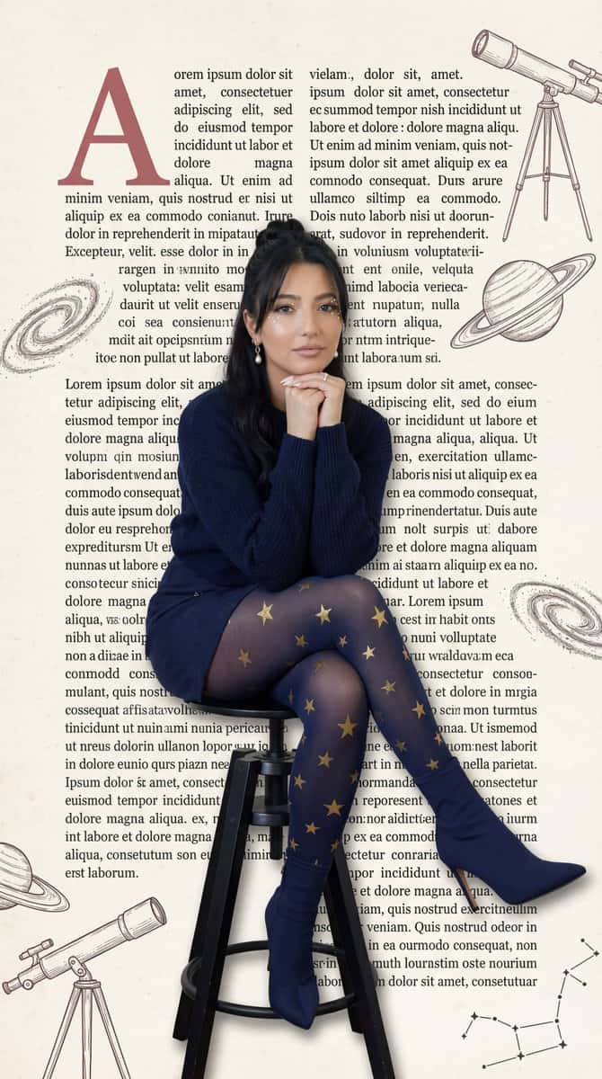 Create a high-fashion editorial magazine page inspired by classic astronomy/science book design (Cosmos-like, but original). The background is an off-white paper texture resembling a refined astronomy book page, filled with two tall, justified columns of NON-READABLE serif pseudo-text and a large muted red drop-cap letter at the top-left.