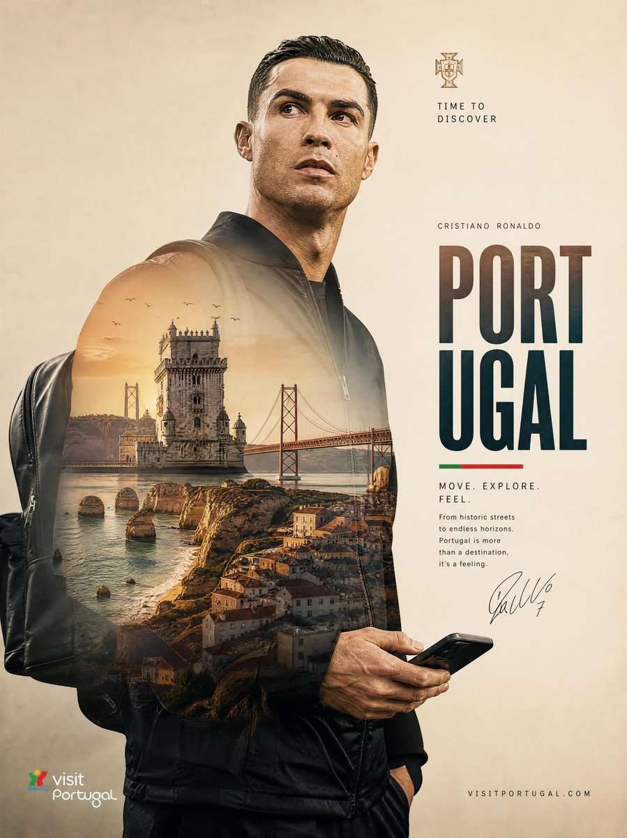 Ultra-premium travel tourism poster featuring Cristiano Ronaldo, designed in a sophisticated double-exposure style. A highly detailed cinematic portrait of Cristiano Ronaldo standing confidently against a warm beige minimalist background, wearing a sleek black bomber jacket and backpack, holding a smartphone in one hand. His gaze is directed upward with a determined and inspirational expression. Inside his silhouette, a breathtaking montage of Portugal's iconic landscapes and landmarks is seamlessly blended, including Belém Tower rising above coastal waters, dramatic seaside cliffs, charming Portuguese old-town architecture, golden-hour reflections on the ocean, and the red suspension bridge resembling 25 de Abril Bridge stretching across the horizon. Small birds fly across the sunset sky, enhancing the sense of freedom and discovery. Elegant modern typography on the right side reads "PORTUGAL" in large bold letters with subtle Portuguese flag accents. Premium tourism campaign branding includes motivational travel slogans such as "Move. Explore. Feel." and "Time to Discover." Clean luxury advertising layout, high-end magazine cover aesthetic, soft golden lighting, realistic skin texture, ultra-sharp details, cinematic color grading, professional commercial photography, destination marketing campaign, award-winning graphic design, photorealistic double exposure, depth, atmosphere, and storytelling. Style Keywords: Double exposure, luxury tourism poster, cinematic portrait photography, travel advertisement, premium branding, photorealistic, ultra-detailed, warm beige tones, golden hour lighting, editorial design, modern typography, inspirational travel campaign, 8K quality, masterpiece composition.