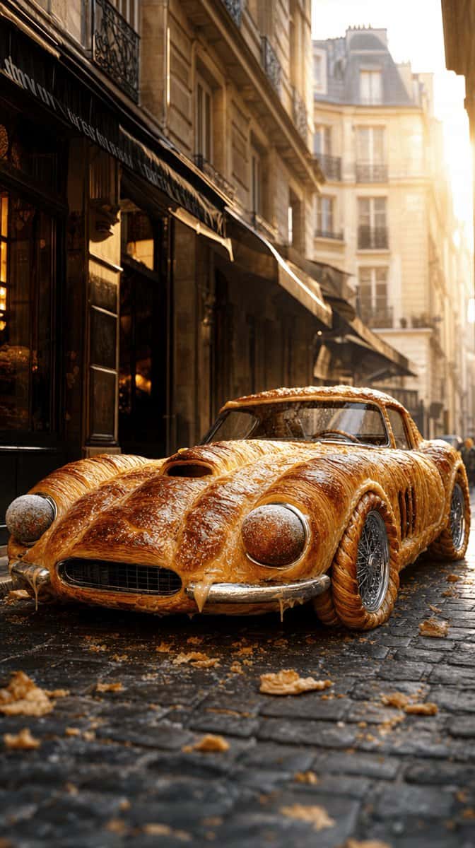 Ultra-cinematic automotive photography of a sleek racing supercar in the silhouette of a 1962 Ferrari 250 GTO, but the entire body is constructed of flaky golden croissant pastry — every body panel made of layered croissant dough, butter dripping down the chrome bumpers, scattered crumbs on the cobblestones, the headlights are sugared brioche balls, the wheels are still chrome but the tires are twisted bread rope. Parked in a narrow cobblestone Paris alley at golden hour, vintage Parisian shop signs in soft focus, warm afternoon light spilling between Haussmann buildings, atmospheric flour dust drifting. Three-quarter front angle, car dominating the frame. NO TEXT, NO OVERLAYS, NO LOGOS. 9:16 vertical, 8K hyper-realistic surreal photography.