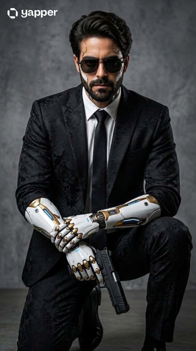 A hyper-realistic cyberpunk assassin kneeling in a dramatic pose, wearing a black tailored suit with subtle floral textures, white shirt, and black tie, accessorized with a gold chain and cross pendant. The character has long dark hair, a rugged beard, and wears dark sunglasses. His arms and parts of his face are advanced white-and-gold cybernetic prosthetics with intricate mechanical details, exposed joints, and glowing accents. He is holding a sleek black handgun pointed downward. The mood is intense and cinematic, with soft studio lighting, high contrast shadows, and a neutral gray background. Ultra-detailed textures, photorealistic, sharp focus, 8k resolution, futuristic, John Wick inspired, sci-fi aesthetic, dramatic composition