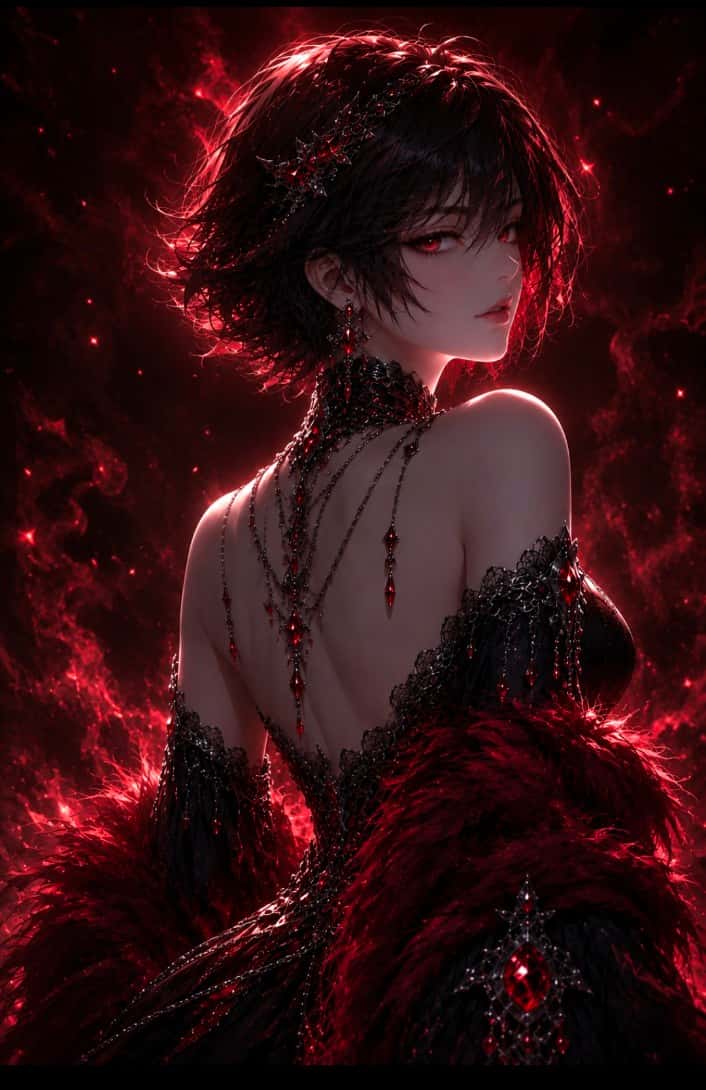 Ultra detailed cinematic anime fantasy portrait of a mysterious elegant woman, short messy [TYPE HERE HAIR COLOR]-black bob haircut, slightly different facial structure from original reference, sharp glowing [TYPE HERE EYE COLOR] eyes, pale porcelain skin, soft [TYPE HERE MAKEUP COLOR] makeup, looking back over shoulder toward camera, [TYPE HERE EXPRESSION] expression. Wearing luxurious [TYPE HERE MAIN CLOTH COLOR] gothic fantasy dress with glossy reflective fabric, dark metallic ornaments, [TYPE HERE GEM COLOR] crystal accessories, intricate chains, feathered [TYPE HERE FUR COLOR] fur wrap around arms and shoulders, detailed jewelry, [TYPE HERE FASHION STYLE] aesthetic. Background filled with deep [TYPE HERE BACKGROUND COLOR] smoke, glowing [TYPE HERE PARTICLE TYPE], volumetric mist, dark cinematic atmosphere, dramatic [TYPE HERE LIGHTING COLOR] rim lighting, [TYPE HERE GLOW STYLE] glow illuminating hair edges and shoulders, high contrast lighting, ultra atmospheric. Anime-style semi-realistic rendering, ultra high detail, cinematic composition, shallow depth of field, glowing particles, soft skin shading, premium fantasy artwork, masterpiece quality, 8K, ultra sharp focus, elegant [TYPE HERE MOOD] fantasy mood, rich [TYPE HERE COLOR PALETTE] color palette, trending artstation style, cinematic lighting, highly detailed textures.