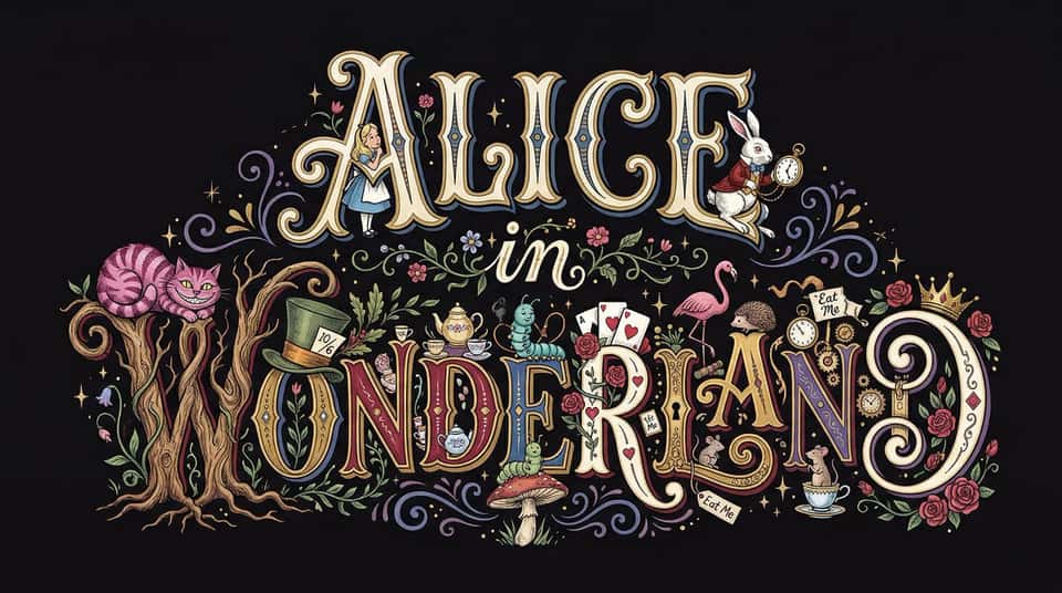 Create decorative lettering artwork based on the word "[YOUR WORD]". Write the specified word very large and prominently in the center. Design the ornate text with creative elements inspired by the imagery, themes, and associations that the word evokes. Do not be limited by existing fonts — use flexible and imaginative thinking to invent a completely original and unique design. The background should be a solid single color, either white or black, chosen to perfectly complement the overall design.