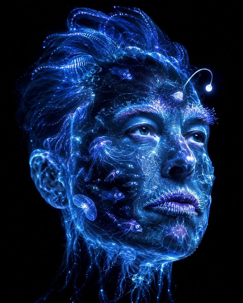 Prompt for ChatGPT Imagine 2.0 or Gemini Nano 2.0:
Use the uploaded image as the strict subject reference. Preserve the exact facial identity, facial structure, eyes, nose, lips, expression, hairstyle, and likeness of the person.
Reconstruct the entire portrait using only deep-sea bioluminescent creatures against absolute pitch-black darkness. Jellyfish form the skin with translucent glowing tendrils. Anglerfish lure light sits at the brow bone. Coral structures shape the lips. Sea anemones form the lashes and brow hairs. Comb jellies create the hair with iridescent light trails. Tiny deep-sea fish swim within the contours of the cheeks. The ONLY colors are electric blue, cold white glow, and faint violet bioluminescence. Zero background — pure black void. The face glows from within like a lantern in the abyss.
Style: macro underwater photography, extreme bioluminescent glow, zero ambient light, creature textures ultra-realistic, living portrait, National Geographic meets fine art, hauntingly beautiful.
Identity fully preserved. Every facial feature recognizable. Ultra detailed, 8K, ethereal.