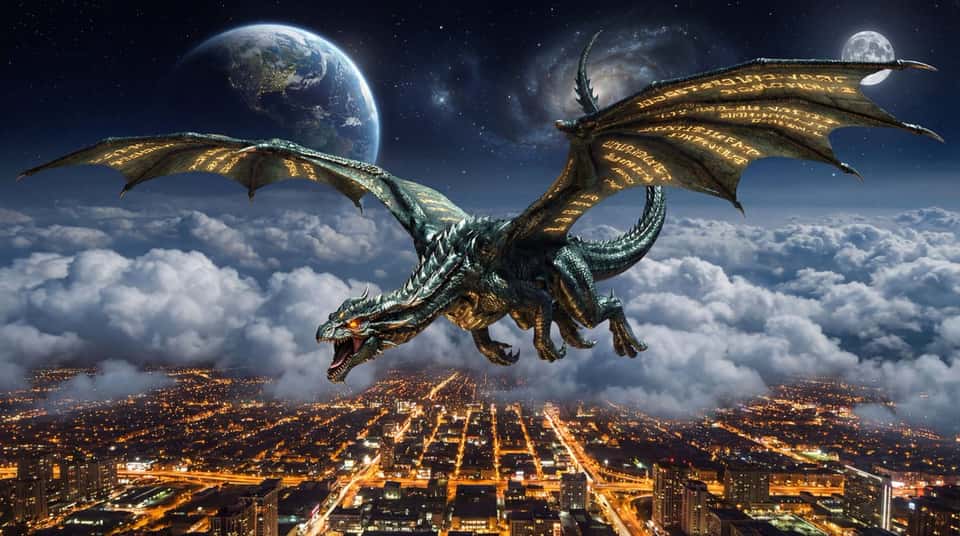 A majestic dragon soars above a cityscape at night, with the Earth and celestial bodies in the background. The dragon, the main subject, is positioned centrally and slightly angled, facing towards the lower-left. It possesses a slender, serpentine body and large, elaborate wings, embellished with intricate golden patterns resembling ancient script. Its scales are a blend of dark greens and blacks, with a metallic sheen, and its eyes glow with an ominous orange light. The dragon is depicted in mid-flight, wings outstretched, and open mouth, suggestive of a powerful presence. The environment is divided into three main layers: the dragon in the foreground, puffy white clouds that obscure the middle section, and the lit cityscape and celestial bodies in the background. The city below is illuminated with warm, golden lights, contrasted by the deep blues and blacks of space above, creating a dramatic sense of scale and fantasy. The perspective is from a slightly elevated viewpoint, giving a sense of depth and a vast, otherworldly atmosphere.