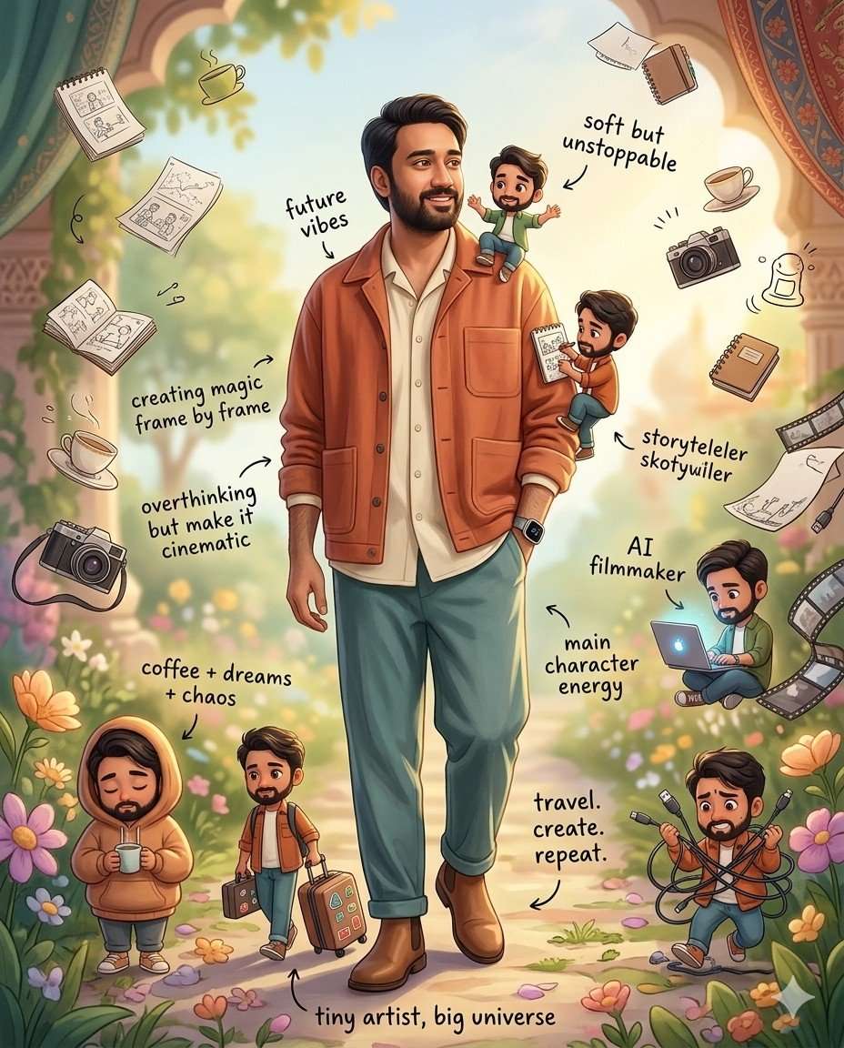Create a dreamy, cinematic 4:5 portrait of a creative young man standing peacefully in a magical, artistic world that blends travel, storytelling, AI creativity, and a soft, introspective, emotionally alive energy. The scene should feel cinematic, realistic, warm, expressive, and deeply personal—like a visual diary from the mind of an artist who dreams in stories. Use the uploaded image as a STRICT facial reference with absolute identity preservation.