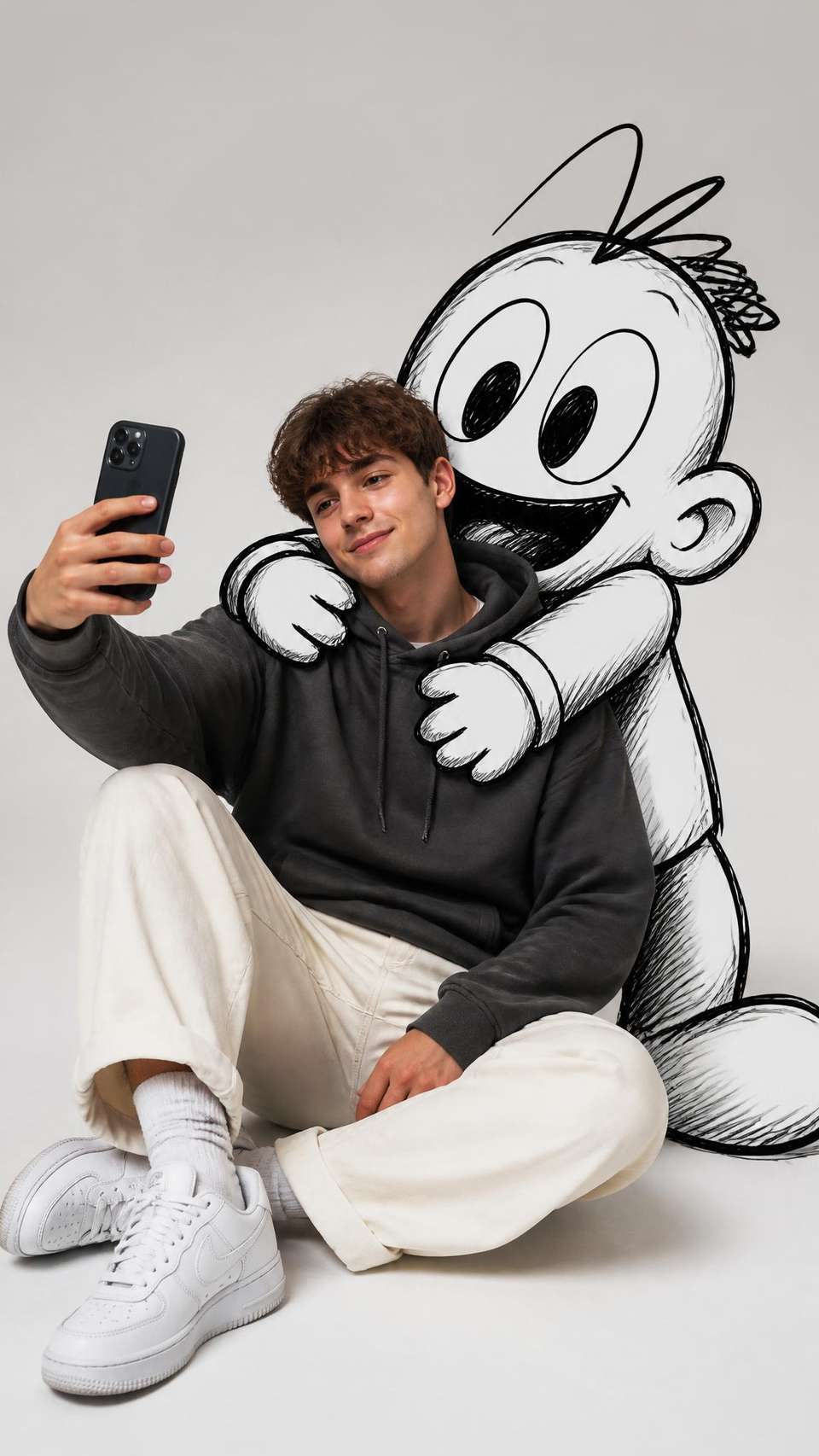 Editorial minimalist portrait of a stylish young man sitting comfortably on the floor wearing an oversized charcoal hoodie, cream trousers, white sneakers, holding a smartphone for a selfie. Behind him, a giant black-and-white doodle character hugs him tightly while leaning into the selfie with an exaggerated happy expression. Clean studio background, realistic photography, modern fashion campaign, soft lighting, ultra detailed, 8K, --ar 9:16.