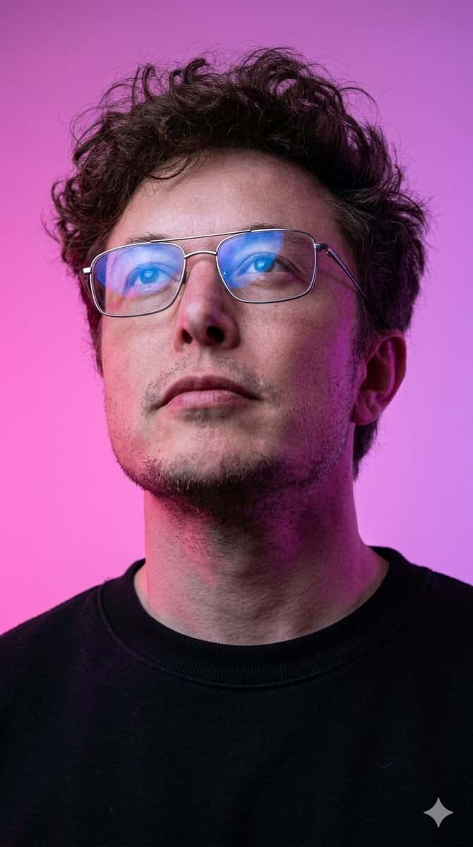 Hyper-realistic close-up portrait of Elon Musk, young adult version with curly messy brown hair, intense thoughtful expression looking slightly upward, wearing stylish silver metal-framed aviator glasses with strong blue reflective lenses showing glowing cyan/blue eye reflections and light flares, subtle rim lighting, dramatic vibrant magenta-pink solid background, modern cyberpunk-neon aesthetic, sharp facial details, realistic skin texture with light stubble, black crew-neck t-shirt, cinematic lighting, high detail, photorealistic, 8k, professional studio photography style --ar 2:3 --stylize 250 --v 6