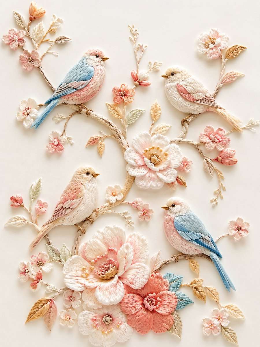 精致立体刺绣风插画，浅浮雕纤维艺术效果，纯净「蚕丝白 + 奶白」底色，细腻丝线质感。画面为数只小鸟停在蜿蜒花枝上，周围点缀粉白、浅桃、珊瑚粉、淡金色花朵与叶片，构图轻盈雅致、留白充足。鸟儿羽毛以奶白、浅蓝、淡粉、浅金丝线刺绣表现，花枝纤细自然，花朵层层叠线，整体呈现高级手工刺绣、丝线堆绣、柔和光影、细节丰富、温柔清新的艺术效果。