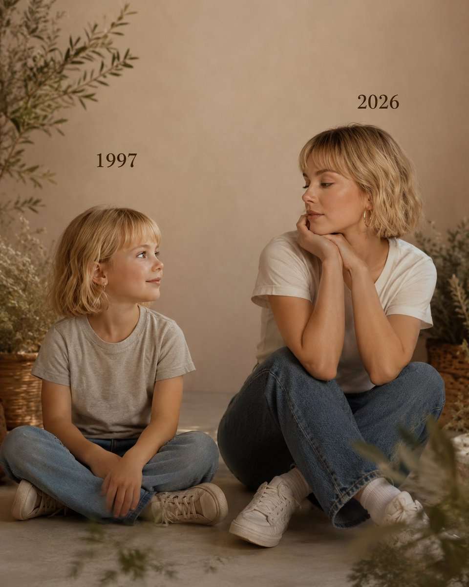 Create a picture with the following details: On the left: a child version of me looking with an innocent smile to the right, with 1997 written above wearing a light grey tshirt and blue jeans. On the right: A present version of me(match face) sits with her hands under her chin and looks at the child with a calm smile, with "2026" written above. Wearing a white tshirt and blue jeans. Studio background: plain and soft (studio background) The lighting: Soft, cinematic, warm (even a black-and-white photo). Style: Professional, minimal, emotional photography, focusing on feelings and visual communication between the two versions. Make the picture look so real like a real photoshoot. Keep my original features without changing. photo size 4:5