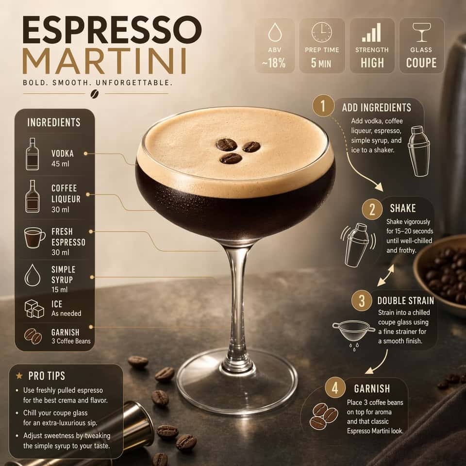 Ultra-clean modern cocktail recipe infographic. Showcase an Espresso Martini in a premium coupe glass, slightly angled perspective, rich dark brown liquid with thick crema foam on top. Three coffee beans placed precisely on foam surface, glossy reflections, subtle condensation on glass. Ingredients, steps, and tips arranged in a dynamic editorial layout around the hero drink, not top-down. Ingredients section includes minimal vector icons for vodka, coffee liqueur, fresh espresso, simple syrup, ice, and garnish. Each item includes precise measurements in ml and arranged in a structured flow that visually connects to the glass. Steps section shows numbered preparation flow with clean arrows and bar tool icons: shaker, jigger, strainer. Steps are placed around the composition in a circular motion, guiding eye movement toward the final drink. Additional info badges near the drink: ABV ~18%, prep time 5 min, strength high, glass type coupe. Visual style: editorial food magazine meets luxury cocktail bar menu design. Deep espresso browns, creamy beige foam, warm neutral background, soft studio lighting, high contrast highlights on glass. Modern sans-serif typography, subtle glassmorphism panels, soft shadows, minimal clutter, premium aesthetic. Composition: hero cocktail centered slightly off-axis. Ingredients left cluster, steps right flow, stats top corner. Clear hierarchy: drink > steps > ingredients > stats. Ultra-crisp, high-end bar photography realism mixed with vector infographic elements. No watermark.