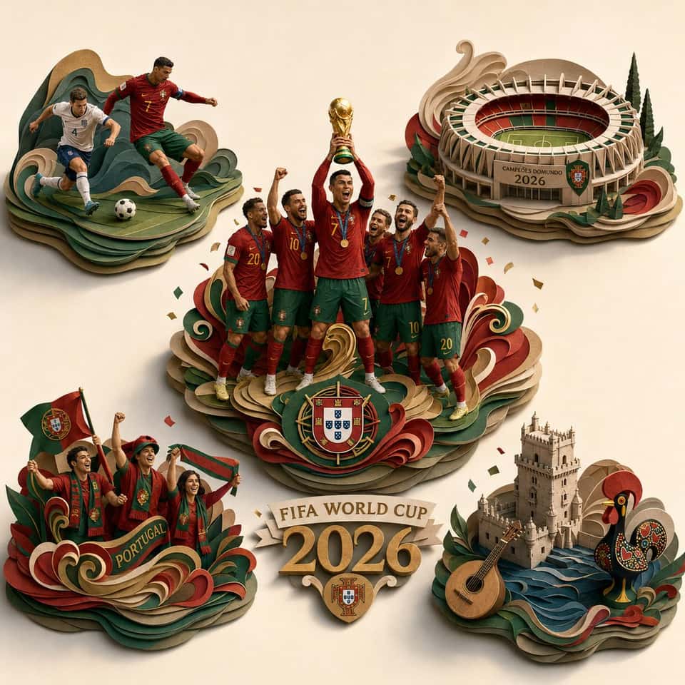 Epic FIFA World Cup 2026 championship celebration of [COUNTRY], transformed into a one-of-a-kind ultra-detailed 3D layered paper sculpture diorama, square composition, aspect ratio 1:1. The year "FIFA World Cup 2026" should be clearly visible and elegantly integrated into the artwork as a prominent celebratory element.
The match has already ended.
Create a spacious championship composition built from multiple connected visual islands distributed throughout the artwork.
The Championship Trophy Cluster must be the largest island and occupy the visual center of the composition.
Island 1 (Largest Central Island): Championship Trophy Cluster.
A small group of players proudly lifts the World Cup trophy while teammates celebrate nearby. This island serves as the primary focal point and should be significantly larger than all other islands.
Island 2: Match-Winning Football Action Cluster.
One player from the champion nation and one opposing player compete in a decisive football moment. The ball remains clearly visible. This is the only football action scene in the composition.
Island 3: Championship Stadium Cluster.
A miniature paper-craft stadium monument symbolizing the nation's World Cup triumph, designed as a collectible architectural centerpiece.
Island 4: Supporter Celebration Cluster.
A small group of supporters celebrating with flags and subtle festive elements.
Island 5: National Identity Cluster.
A small collection of iconic cultural, architectural, natural, or symbolic elements representing the nation.
The central trophy island should occupy approximately 35% of the total visual attention.
The remaining islands should share the remaining visual attention and remain noticeably smaller than the central trophy island.
Each island should be visually separated by generous negative space while remaining connected through subtle paper-craft visual flow.
Visual weight must be distributed across the entire canvas.
No single area should contain the majority of players, supporters, ornaments, landmarks, or decorative elements.
Approximately 3–5 celebration clusters should be scattered throughout the composition, separated by intentional negative space.
Open negative space occupies approximately 40% of the canvas.
Negative space has higher priority than decorative elements.
Empty space should weave naturally between the islands, creating multiple breathing zones throughout the composition.
Entire scene created as handcrafted layered paper sculpture with elegant paper-cut engineering, dimensional paper layers, premium diorama craftsmanship, and refined paper textures.
Automatically derive colors, visual motifs, decorative influences, architecture, landscapes, symbolism, artistic traditions, environmental storytelling, and visual identity from the specified country.
Select only the most representative national elements. Avoid excessive landmarks or excessive cultural references.
Decorative paper ribbons, paper curls, ornamental structures, and celebratory paper elements should be used sparingly and distributed throughout the artwork.
Avoid large crowds.
Avoid dense clustering.
Avoid central crowd formations.
Avoid excessive confetti.
Avoid excessive ribbons.
Avoid excessive landmarks.
Avoid visual clutter.
Avoid border-to-border decoration.
Avoid filling every corner.
Avoid symmetrical layouts.
The composition should feel elegant, premium, spacious, collectible, museum-quality, and visually balanced.
Hyper-detailed handcrafted paper textures, museum-quality paper sculpture, deep layered shadows, cinematic lighting, extraordinary depth, masterpiece paper art installation.