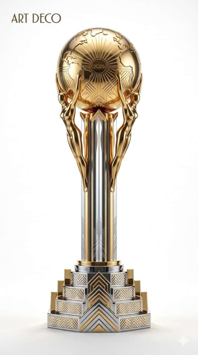 A highly detailed reimagination of the official FIFA World Cup Trophy 2026 in the iconic [ARCHITECT / STYLE NAME] architectural style, [DESCRIBE KEY CHARACTERISTICS HERE 2-4 sentences], luxurious golden metallic finish with intricate craftsmanship, floating in a pure minimal clean white studio background, elegant product photography style, dramatic cinematic lighting with rich highlights and deep shadows, sharp focus, small elegant sans-serif text '[STYLE LABEL]' in the top left corner, subtle and professional overlay, 9:16 aspect ratio, professional product visualization, 4k resolution, ultra-detailed
