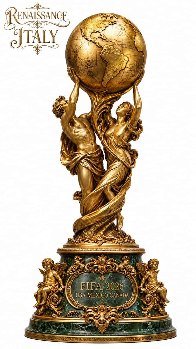 Reimagine the official FIFA World Cup Trophy (two golden human figures dynamically spiraling upward holding a detailed globe of Earth, malachite-like base) in [ERA / CIVILIZATION] style. [Detailed style description: materials, motifs, clothing, patterns, architectural elements]. Engrave or integrate the text "FIFA 2026 USA MEXICO CANADA" prominently in [appropriate font/lettering style for the era] on the base or globe. Place the era name "[ERA NAME IN CAPS]" in large, authentic [era-specific font style] font at the top left corner. Clean white background, sharp details, museum-quality lighting, 9:16 aspect ratio, highly detailed, cinematic.
