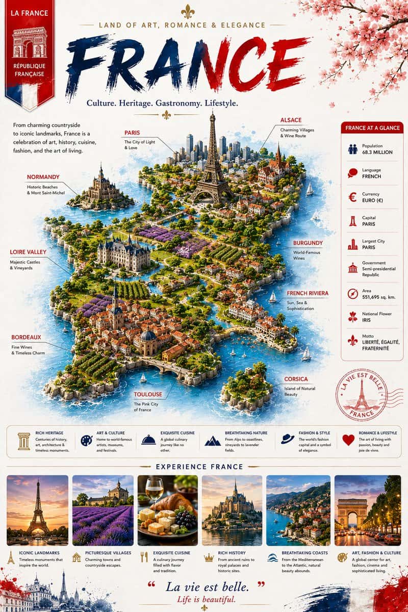 GPT Image 2 on ChaTGPT 

Prompt : Create an ultra-premium editorial travel infographic poster about FRANCE in a clean vertical 3:4 ratio.

STYLE:
Luxury travel editorial meets cinematic miniature world design.
Blend:
- modern tourism poster
- premium magazine layout
- handcrafted miniature diorama realism
- elegant infographic aesthetics

The poster should feel like:
National Geographic × Apple Editorial × Luxury European Travel Campaign.

VISUAL DIRECTION:
Minimal but immersive.
Elegant whitespace.
Strong visual hierarchy.
Atmospheric and cinematic.
Refined instead of overcrowded.

BACKGROUND:
Warm ivory textured paper with:
- subtle watercolor washes
- soft ink splashes
- faint paper grain
- atmospheric mist around focal areas

COLOR PALETTE:
ONLY use:
- deep French navy blue
- elegant crimson red
- warm ivory white
- subtle gold accents
- soft Mediterranean blue water

NO random colors.

========================================
TOP SECTION
========================================

Large expressive brushstroke typography:

“FRANCE”

Use bold painterly brush lettering:
- navy blue
- crimson red
- slightly textured paint effect

TOP TAGLINE:
“LAND OF ART, ROMANCE & ELEGANCE”

SUBTITLE:
“Culture. Heritage. Gastronomy. Lifestyle.”

Add elegant gold divider lines and tiny fleur-de-lis accents.

========================================
MAIN CENTERPIECE
========================================

A massive floating miniature diorama map of FRANCE.

The map should dominate the composition.

STYLE OF MAP:
- handcrafted miniature terrain
- photorealistic architecture
- lush greenery
- vineyards
- cliffs and coastlines
- tiny bridges and roads
- cinematic water reflections
- elevated terrain depth

The map must feel:
alive, immersive, luxurious.

SURROUNDING EFFECTS:
- watercolor splash halo behind map
- atmospheric fog edges
- soft cinematic shadows
- subtle ink textures
- floating birds
- tiny sailboats in water

========================================
KEY REGIONS ON MAP
========================================

PARIS:
- Eiffel Tower
- elegant Paris skyline
- glowing warm city lights

NORMANDY:
- Mont-Saint-Michel
- dramatic coastal scenery

LOIRE VALLEY:
- luxurious French castles
- vineyards

BURGUNDY:
- wine countryside
- lavender and vineyard fields

FRENCH RIVIERA:
- Mediterranean coastline
- yachts
- luxury seaside towns

BORDEAUX:
- old French streets
- wine estates

ALSACE:
- colorful village houses

CORSICA:
- beautiful island in turquoise water

Use ONLY minimal elegant labels with thin connector lines.

DO NOT overcrowd with labels.

========================================
LEFT SIDE
========================================

Instead of large text paragraphs:

Create:
- subtle travel stamp collage
- mini France passport marks
- elegant handwritten quote
- watercolor splashes
- small decorative icons

Keep it airy and premium.

========================================
RIGHT SIDE
========================================

Minimal luxury info cards.

NOT dashboard UI.

Use two