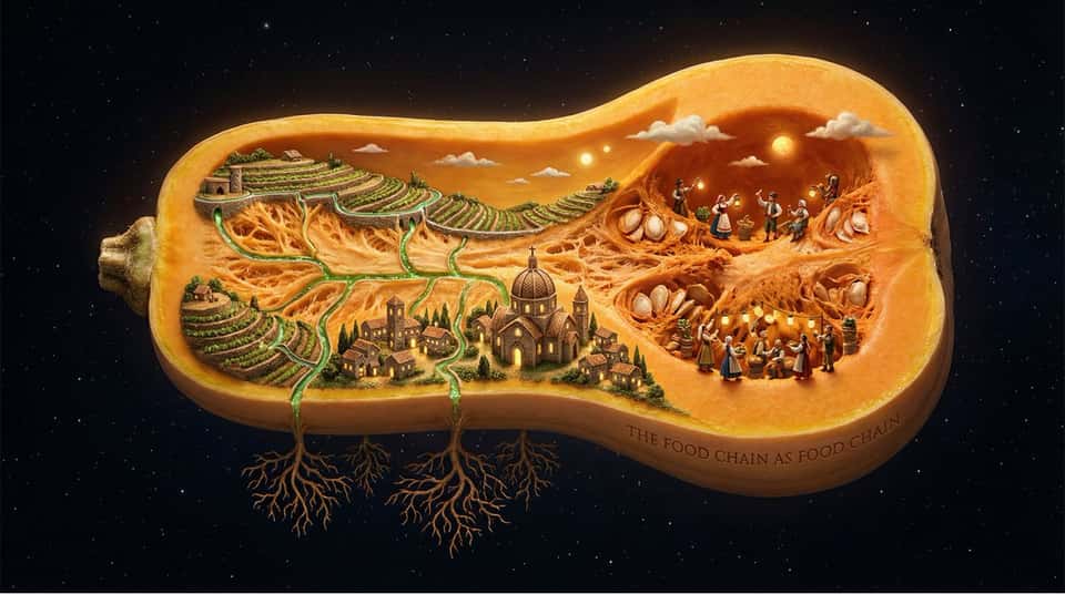 A single [FRUIT/VEGETABLE] suspended in space, sliced open to reveal it contains an entire agricultural civilization. Inside the fruit's flesh: terraced farms follow the curve of the rind, irrigation channels trace the paths of juice vessels, tiny farmers tend crops that are the fruit's own seeds, villages cluster near the core, harvest festivals celebrate in the chambers. The fruit's skin becomes their sky. Seasons pass in different sections simultaneously. Root structures below mirror branch structures of family trees. Everything edible is also everything lived. The interdependence of human and harvest made literal. Dramatic rimlight, agricultural amber and chlorophyll green, botanical illustration precision meets Bosch-like populated interior, 8K, the food chain as food chain.