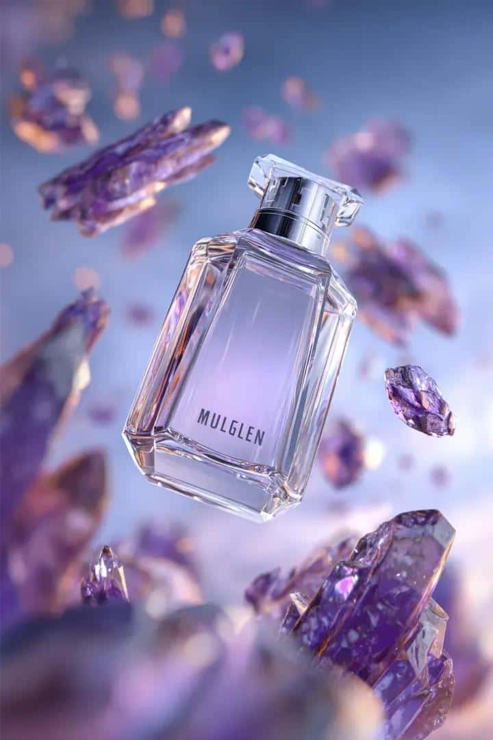 A Mugler Alien perfume bottle levitating in a space-like void, with purple crystal shards orbiting around it, glowing white background, soft lighting from multiple angles, hyper-polished reflections, futuristic cinematic fragrance ad.