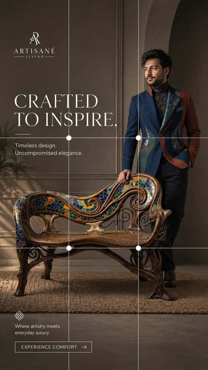 Design a high-end furniture advertisement poster using the provided reference images of the model and the furniture product as the main subject. The composition must strictly follow the rule of thirds, positioning the model and the furniture strategically along intersecting grid lines to create visual balance and hierarchy. Ensure strong application of core design principles including contrast, alignment, proximity, repetition, and visual hierarchy. The furniture should remain the focal point, with the model enhancing scale, lifestyle context, and emotional appeal without overpowering the product. Use a clean, modern layout with ample negative space to emphasize sophistication and premium quality. Lighting should be soft yet directional, enhancing textures and materials of the furniture. Typography must: Be entirely white in color Match the style and personality of the furniture (e.g., elegant serif for luxury, minimal sans-serif for modern pieces) Maintain clear hierarchy (headline, subheading, CTA) Be placed according to the rule of thirds, avoiding clutter and ensuring readability Include: A compelling headline A short tagline or value proposition Brand logo placement (subtle but visible) Optional call-to-action (e.g., “Shop Now”, “Experience Comfort”) Overall tone: premium, aspirational, clean, and visually balanced, suitable for a high-end furniture brand campaign. Make the aspect ratio 9:16