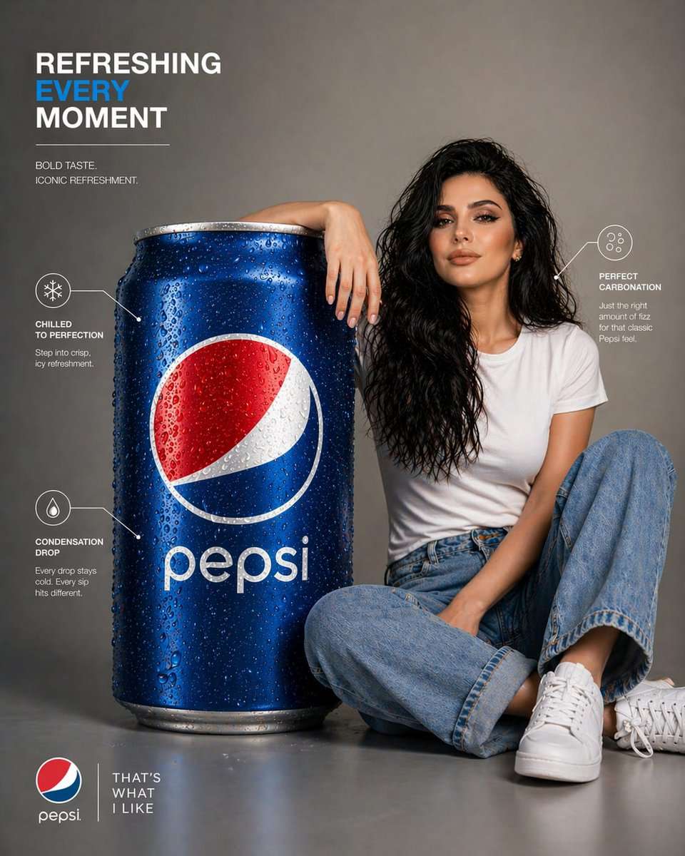 A premium infographic-style visual featuring an oversized Pepsi can placed beside a young woman. The can is scaled to be nearly the same size as her entire seated body, creating a striking, surreal proportion. The woman sits casually leaning against the giant can, one arm resting on it, interacting naturally with the object. Her face must closely match the provided reference image, accurate facial structure, skin tone, hairstyle, and expression — polished, realistic, and visually appealing. The Pepsi can is ultra-detailed with crisp branding, condensation droplets, realistic reflections, and metallic texture. The logo is clean, sharp, and properly proportioned. Composition is modern and minimal, set in a clean studio or soft gradient background. Include subtle infographic-style elements such as thin annotation lines, minimal labels, or callouts highlighting features like “refreshment,” “carbonation,” or “chilled texture,” but keep it elegant and uncluttered. Lighting is soft studio lighting with controlled highlights and shadows, giving a premium advertising look. The model is styled in minimal, contemporary clothing that complements the red, white, and blue tones of the can. Color grading is crisp and slightly vibrant, with a commercial ad aesthetic. Balanced composition, sharp focus, slight depth of field for realism. Style: high-end product infographic, commercial beverage advertisement, clean UI-inspired annotations Resolution: ultra high resolution, 4K, highly detailed, photorealistic 85mm lens, f/2.8 hyper-realistic, studio quality no distortion, correct proportions clean typography, modern layout