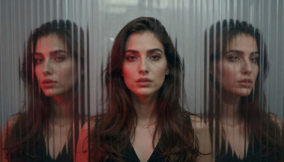 portrait of a [Age 30 female social media influencer], photographed entirely through vertically reeded architectural glass with medium grooves running top to bottom across the entire frame, full-frame optical distortion dominating the image, realistic physical light refraction creating vertical repetitions across the subject, no unobstructed areas, [Moody Lighting], [Red / Silver Color Grading], [Moody - Enchanting], physical optics not digital, no glitch --style raw