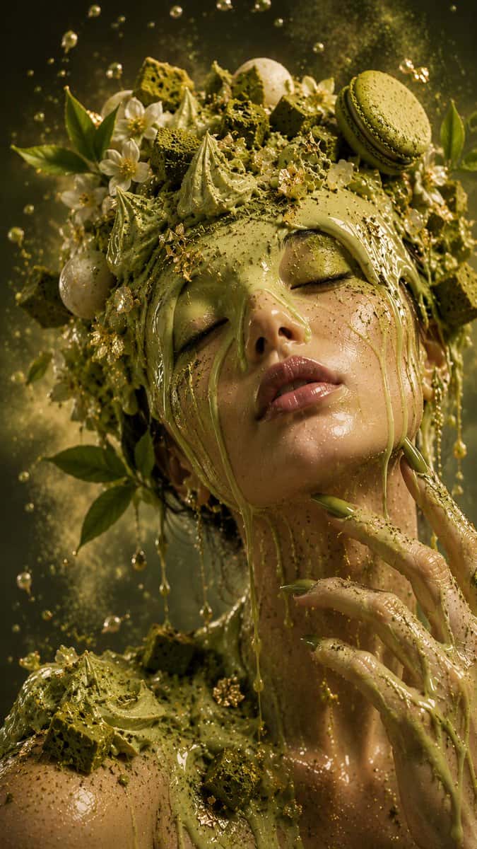 ultra realistic surreal beauty editorial portrait, matcha goddess aesthetic, ethereal asian woman with glossy dewy skin, face covered in dripping liquid matcha cream, surreal cosmetic food fusion, floating matcha cubes, matcha powder particles, green tea mousse textures, edible haute couture, cinematic luxury skincare campaign, dreamy fantasy atmosphere, glowing olive green tones, wet reflective skin, delicate floral accents, suspended droplets, gold flakes, soft volumetric lighting, macro beauty photography, shallow depth of field, highly detailed skin texture, elegant feminine pose, luxury fashion editorial, surreal dessert inspired composition, artistic liquid dynamics, photorealistic, cinematic bokeh background, ultra detailed, 8k, soft glow, clean composition, no text, no logo, no product packaging, vertical 9:16