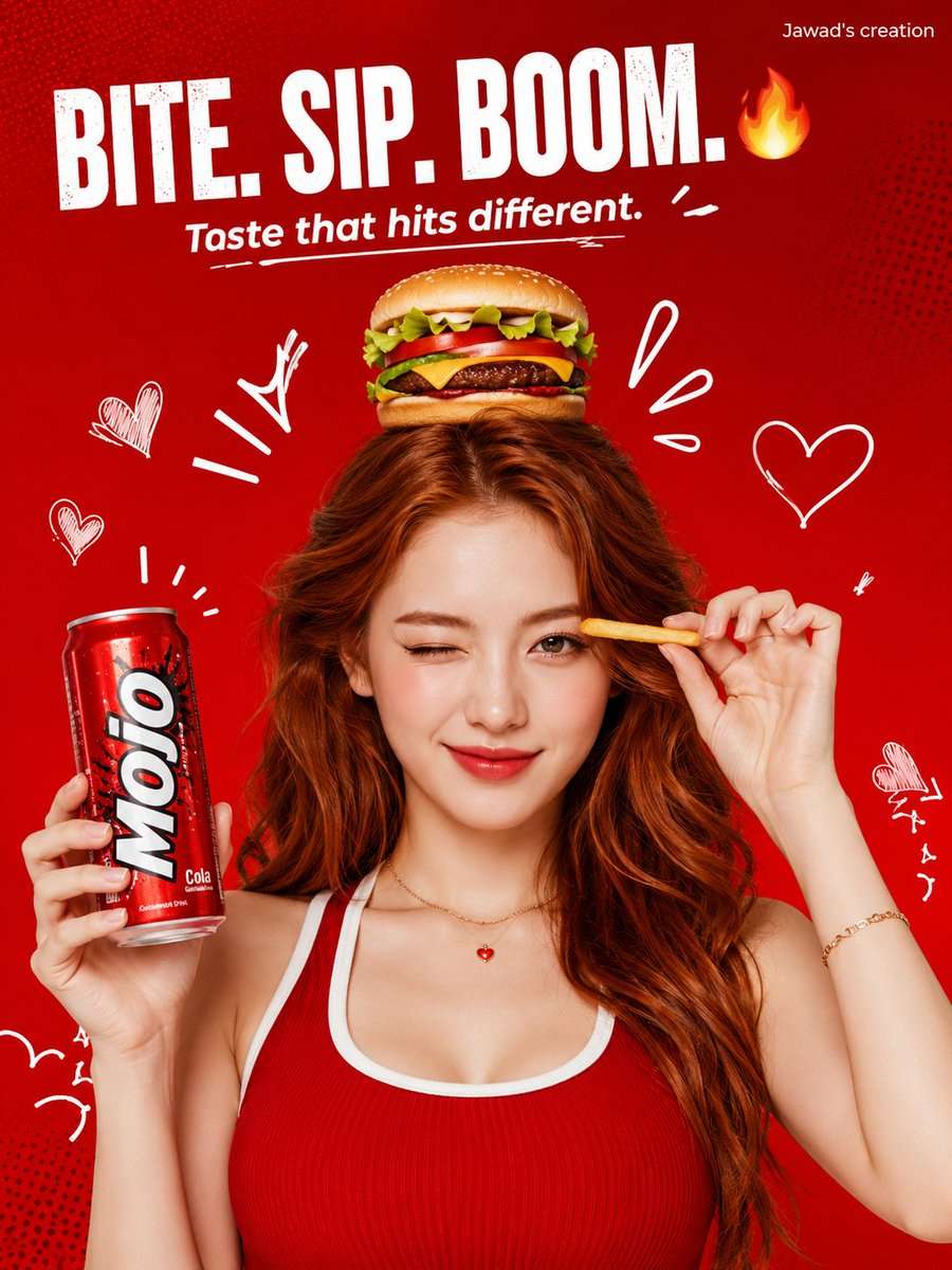 A bold, high-converting commercial advertisement poster featuring a sexy, confident young woman with long wavy red hair, fair skin, and an attractive, playful expression. She is slightly tilting her head, winking at the camera, and wearing a fitted stylish sleeveless top. In her right hand, she is holding a realistic Mojo soda can (red can, clean label design, sharp details), and in her left hand, she playfully holds a single french fry near her eye. On top of her head sits a perfectly stacked juicy cheeseburger (bun, lettuce, tomato, cheese, beef patty), balanced humorously. Background: solid vibrant red color with subtle halftone texture, clean and modern advertising look. Add playful white doodle illustrations around her: hearts, sparkles, arrows, abstract lines, and hand-drawn shapes to enhance a fun, energetic vibe. Hero Text (Top, bold modern typography): “BITE. SIP. BOOM. 🔥” (Optional subtext: “Taste that hits different.”) Add clean watermark text in the upper right corner: "Jawad's creation" (small, minimal, modern font, clearly readable, not distorted) Style: high-end commercial poster, studio lighting, sharp focus, vibrant colors, minimal shadows, K-pop inspired ad aesthetic, photorealistic, ultra-detailed skin, 4k–8k quality.