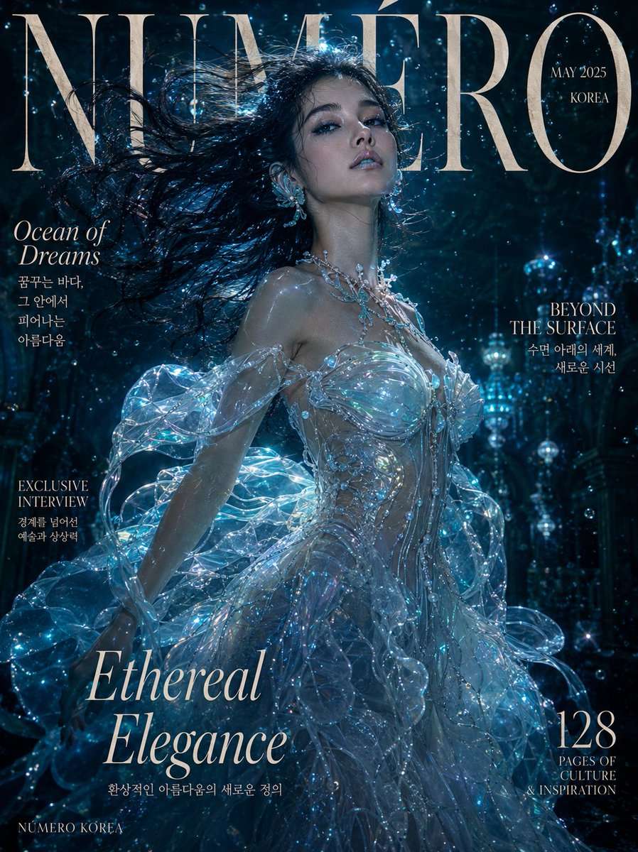 Ultra-realistic fantasy editorial magazine cover featuring a breathtaking Korean woman in a floor-length gown constructed entirely of translucent bioluminescent jellyfish-tentacle fabric with a structured bodice and cascading iridescent layers. Her dark hair billows weightlessly around her. Flawless skin with a subtle aqua-tinted luminous glow, deep navy kohl eyes, sea-glass iridescent lips. Ethereal pearl and aquamarine jewelry — scale-like ear pieces, coral-branch necklace. Background: deep ocean ballroom — soft teal-blue bioluminescent underwater light, drifting silver bubbles, dark abyss below. "NUMÉRO" in elegant editorial serif typography. 85mm macro lens feel, ultra-detailed translucent fabric shimmer, 8K photorealistic underwater cinematic. Negative: cartoon, anime, blurry, cheap CGI, harsh light, watermark. 1744x2336