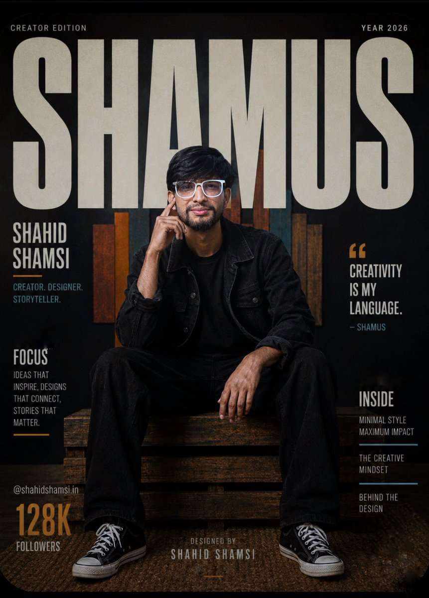 Ultra-realistic fashion editorial magazine cover showing [REFERENCE PERSON] seated confidently on a low wooden pallet bench inside a contemporary creative studio. Outfit is fully monochrome: black denim jacket, wide-leg black trousers, black t-shirt, and black low-top canvas sneakers with white rubber soles and white laces. Sitting in a relaxed wide stance, leaning slightly forward, one elbow resting on the knee, one finger resting at the temple, gaze locked directly into the lens. Mood: calm, self-assured, visionary.

Studio backdrop: a matte black wall lined with vertical wooden art panels painted in vivid geometric shapes, giving the space an elevated creative-agency feel. Warm cinematic lighting falls softly across the face and jacket, while rich shadows preserve dramatic editorial contrast. A natural textured woven rug sits beneath, adding warmth to the luxury studio setting.

Cover layout uses a single typographic element only: oversized bold beige text at the very top spelling "SHAMUS" in a wide condensed sans-serif, dominating the upper portion of the frame. Zero additional text anywhere, no subheadings, no captions, no handles, no dates, no watermarks, no logos. "SHAMUS" is the sole word visible in the entire image.

Color story: jet black, warm cream-beige, muted burnt orange, earthy brown, dusty teal, cinematic shadow tones. Centered, symmetrical crop with the visual weight of a GQ editorial, a high-end streetwear campaign, and a cinematic creator brand shoot.

Captured on a 50mm prime lens, shallow depth of field, hyper-detailed skin and fabric texture, soft drop shadows, photorealistic lighting, clean type design, high-resolution editorial composition, 8K output, premium cinematic color grade.