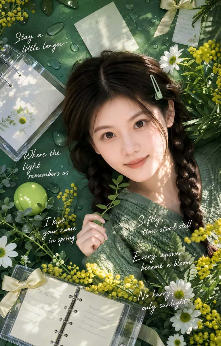 A sweet green-themed poster set in a spring garden