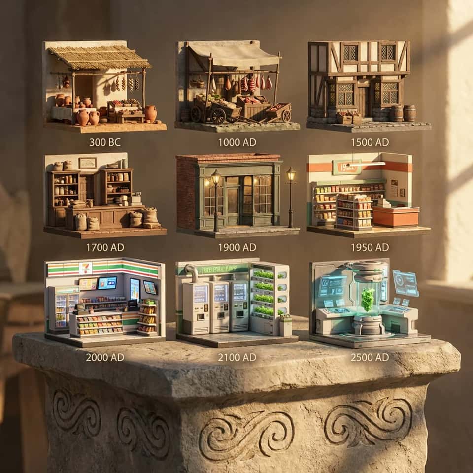 A 3x3 grid of ultra-detailed 12K 3D-rendered tiny scenes depicting grocery shops through ages, scaled at 1:12. Placed on AI inferred material pedestal with engraved motifs. Warm afternoon rays from right create intimate, sharp castings. Panels cover 300 BC, 1000 AD, 1500 AD, 1700 AD, 1900 AD, 1950 AD, 2000 AD, 2100 AD, and future 2500 AD variants.