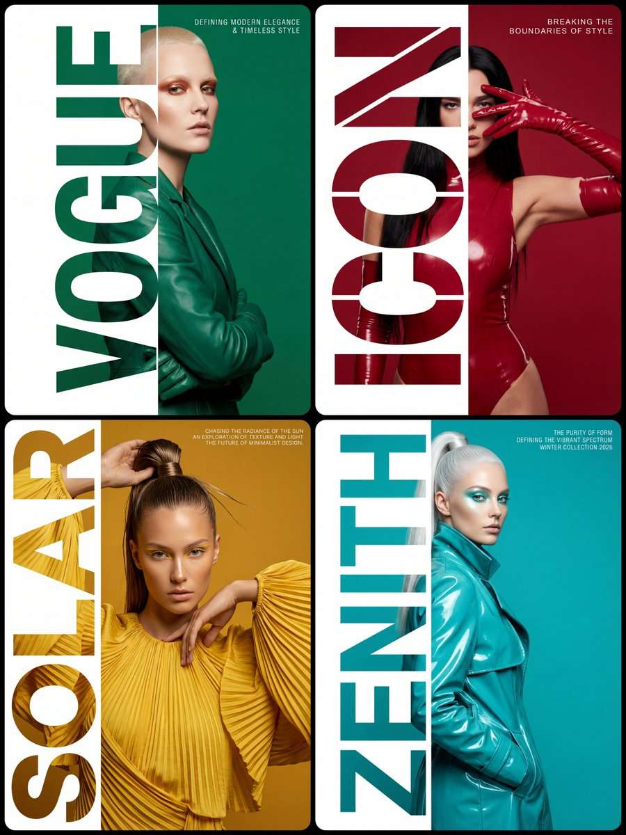 Style & Composition: High-fashion editorial typography poster with a strict 1:2 composition split. Layout & Ratio: The frame is divided so that the right two-thirds show the full subject and background, while the left one-third is reserved for the typography masking section.

Typography Masking: A massive, ultra-bold, vertical word "[WORD]" is placed on the left third. The text is strictly full-bleed, stretching perfectly and touching the absolute top and absolute bottom edges of the frame with zero vertical padding, gaps, or margins. This typography acts as a stencil mask: the letters reveal the underlying character, while the space to the far left of the letters is a solid, clean white.

Subject Details & Positioning: An upper-body shot of [CHARACTER DESCRIPTION]. The model is positioned so that only her left-most side is visible through the letters, while the rest of her body is fully visible and contained on the right side against a solid [COLOR] background, ensuring no part of the subject is cropped by the right edge of the frame. Pose: [POSE DESCRIPTION], ensuring the silhouette remains within the center of the right two-thirds area.

Secondary Text: In the top right corner, add the text: "[TEXT]". Use a small, sophisticated, white "Helvetica Condensed" style font with wide letter spacing (kerning) for a premium, minimalist look. Color Palette: A strict monochromatic [COLOR] theme, sharply contrasted by the crisp white negative space on the left. 8k resolution, photorealistic textures, sharp studio lighting, high contrast, clean graphic design aesthetic.