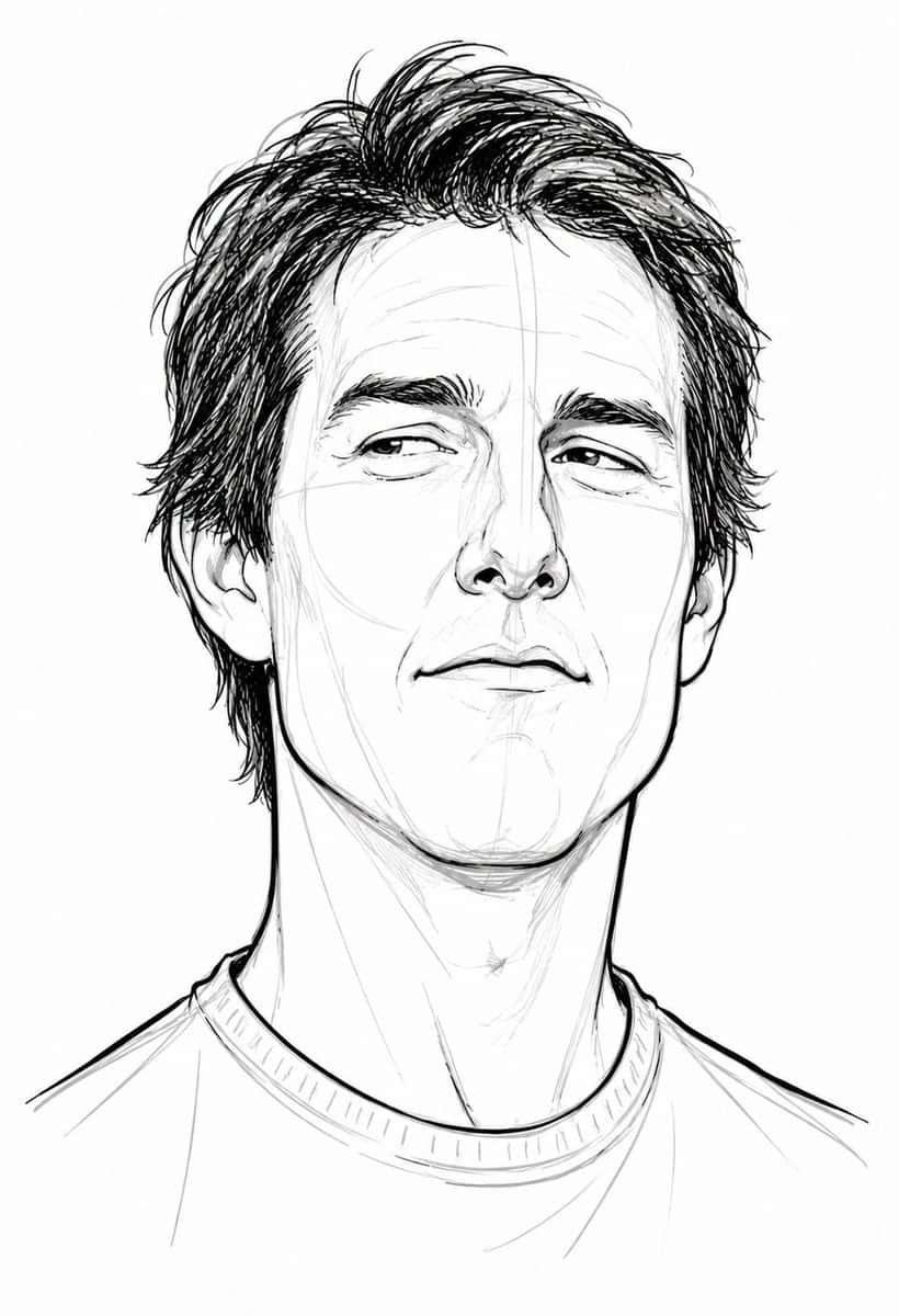 A stylized black-and-white pencil ink caricature portrait sheet featuring two famous Hollywood-inspired characters: one inspired by Tom Cruise and one inspired by Dwayne “The Rock” Johnson. Drawn in a loose sketchbook style with visible construction lines, rough pencil strokes, expressive exaggerated facial proportions, modern caricature illustration aesthetic. Left character: handsome actor inspired by Tom Cruise with messy hair, sharp jawline, confident smirk, expressive sideways eyes, slim long face, casual t-shirt. Right character: muscular bald man inspired by The Rock with raised eyebrow, thick neck, strong jawline, dominant confident expression, casual t-shirt. Minimal shading, thin crosshatching, clean line art, monochrome aesthetic, white background, artistic character design concept sketch, highly detailed hand-drawn look, playful exaggerated anatomy, professional caricature sketch style