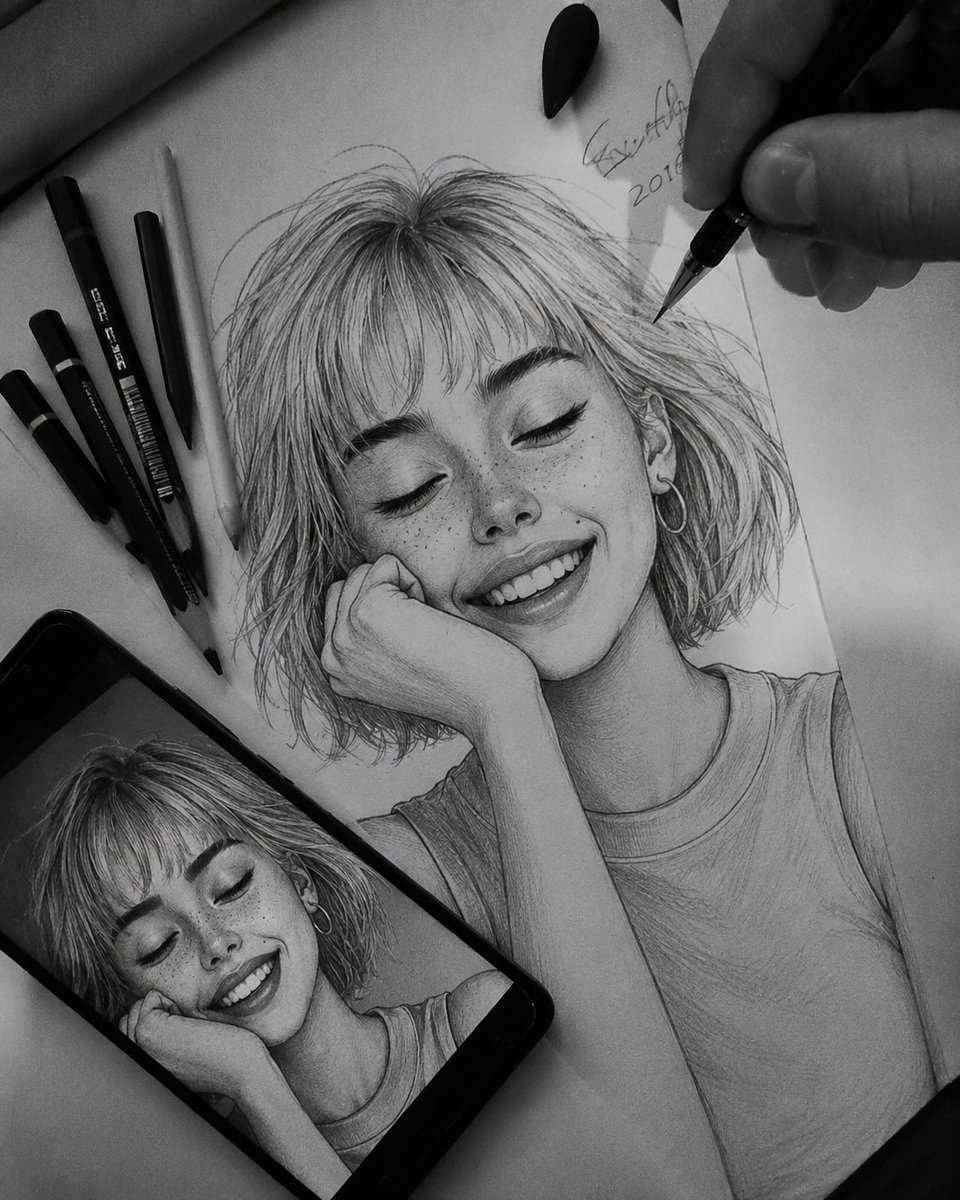 A hyper-realistic graphite pencil sketch in progress of a beautiful young girl with short messy bob hair, freckles, hoop earrings, and a soft closed-eye smile, resting her cheek on her hand. The sketch is placed on a white drawing sheet with pencils and art tools scattered around. A smartphone beside the drawing displays the same girl as the reference image. An artist’s hand is drawing the portrait with a pencil. Monochrome black-and-white aesthetic, ultra detailed shading, realistic skin texture, soft lighting, cozy artistic workspace, top-down angle, masterpiece sketch art, highly detailed graphite strokes, emotional and calming vibe.
