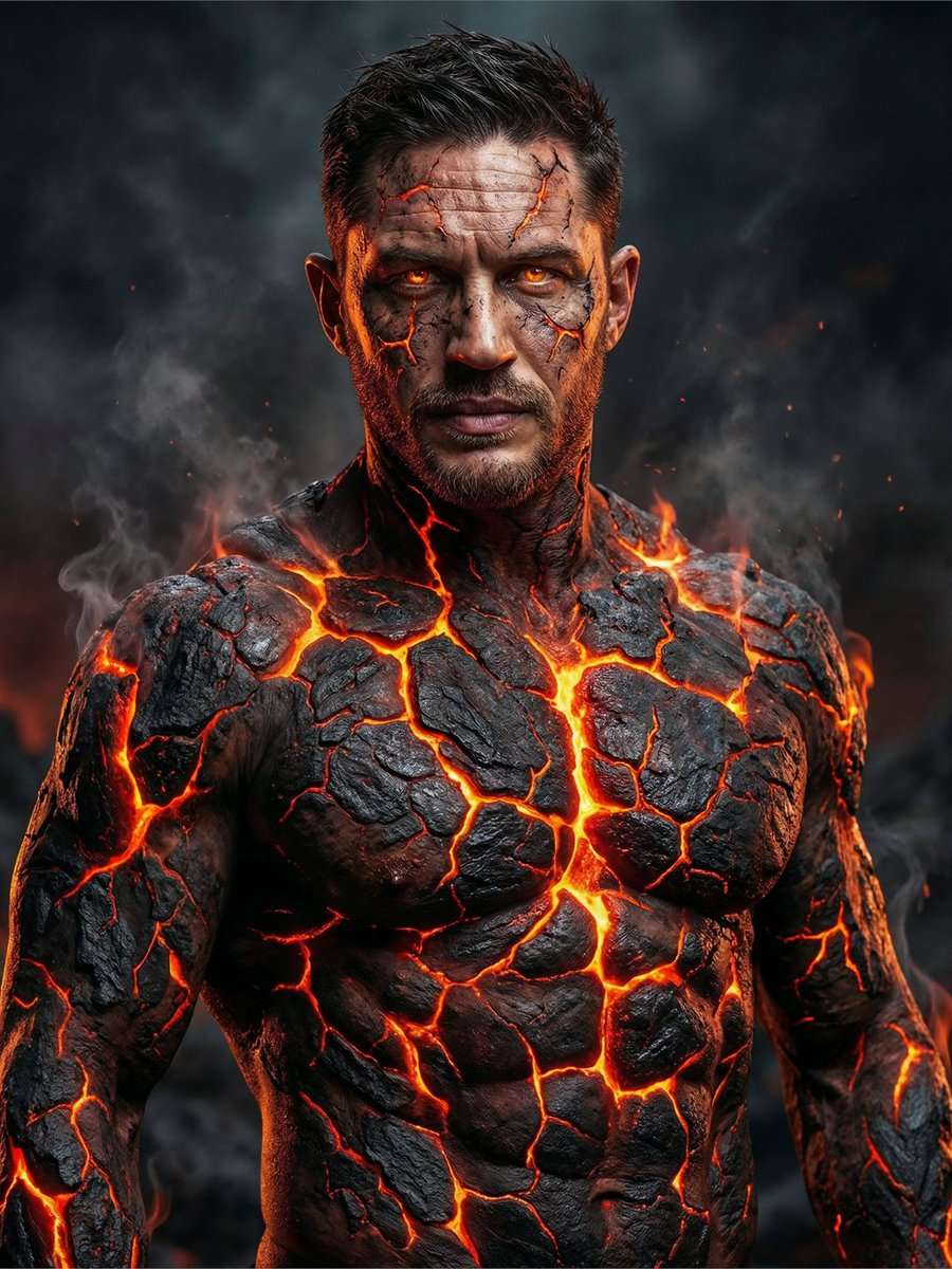 A hyper-realistic portrait of a muscular man with glowing magma cracks across his body, resembling molten lava beneath charred, rock-like skin. His chest and shoulders appear like cooled volcanic stone splitting apart with bright orange and fiery red lava glowing through the fissures. Subtle smoke rises from his body, creating a dramatic and intense atmosphere. His face is sharp and serious, with strong jawline, short dark hair, and light stubble. The lighting is cinematic, highlighting the glowing cracks against a dark, moody background. Ultra-detailed textures, high contrast, 8K resolution, dramatic shadows, fantasy realism, volcanic humanoid, intense gaze, dark environment.