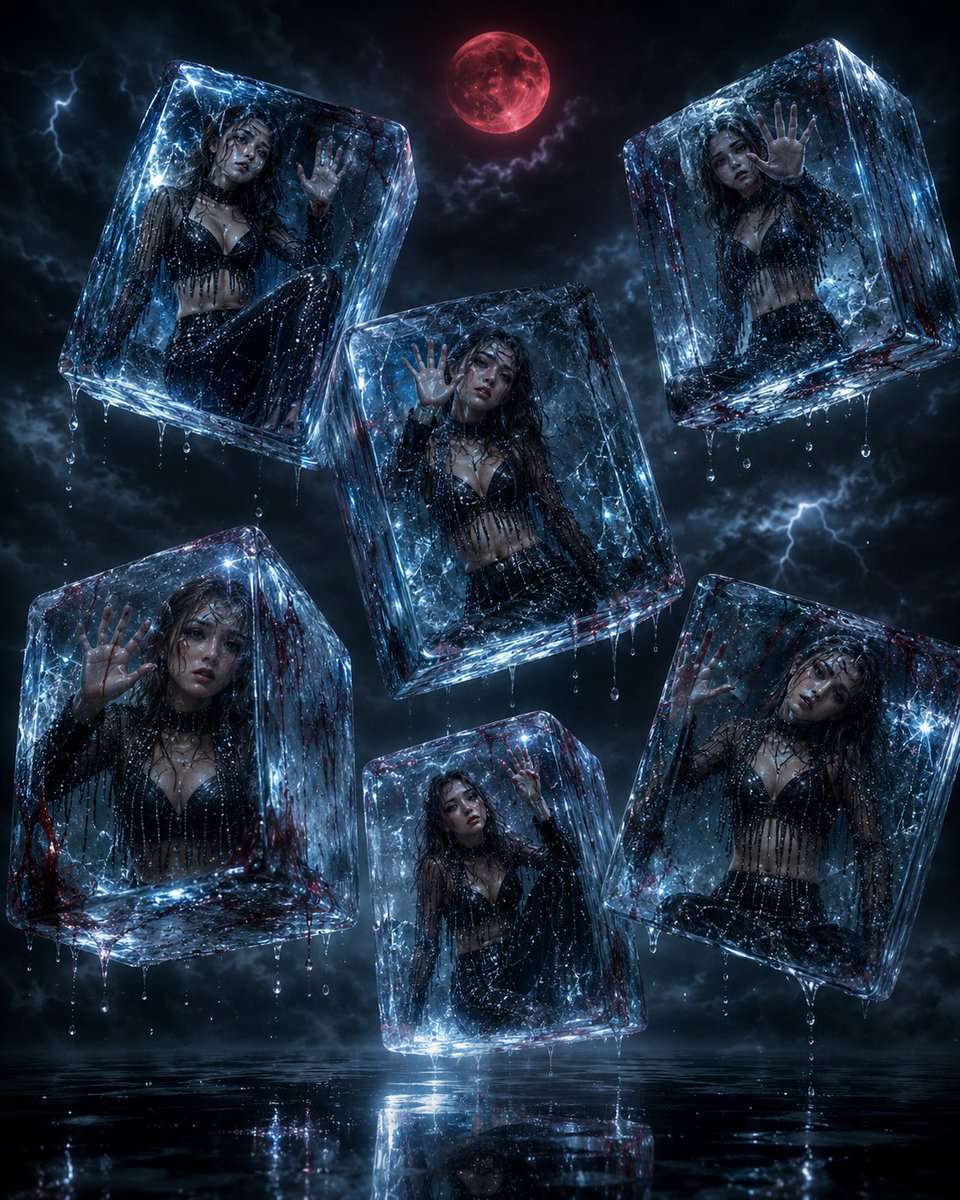A dark surreal horror-luxury fashion campaign where exactly six large floating transparent ice cubes, cracked and frosted with eerie glowing blue light from within, are suspended in mid-air above a glossy black reflective platform that mirrors like dark water. Inside each ice cube is a haunting photograph of the same beautiful woman wearing the exact black sequined two-piece outfit: sheer long-sleeve beaded fringe top with choker, sparkly bra top, and matching sequined wide-leg pants.