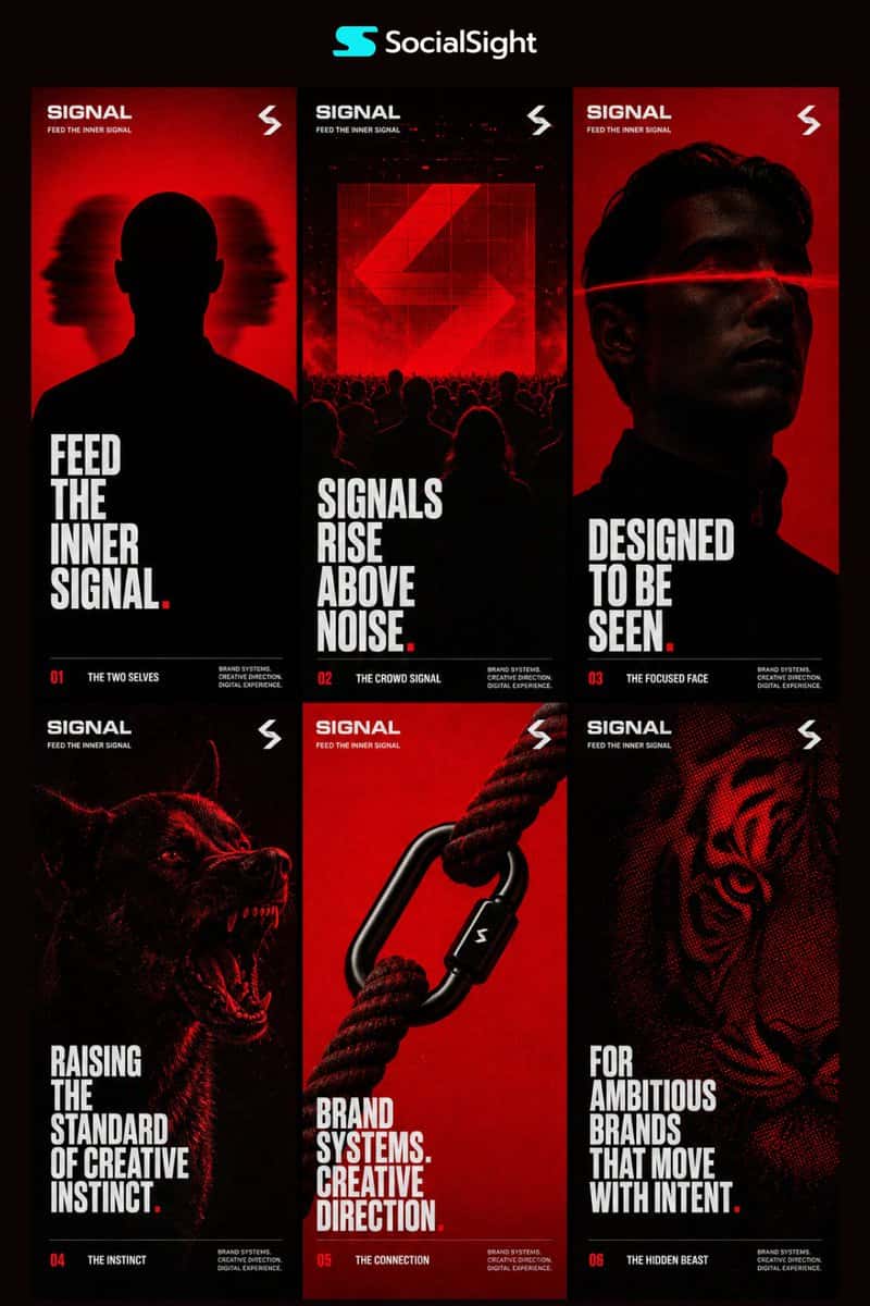 { "project_title": "INNER SIGNAL", "concept_type": "Brand Identity Poster Series", "brand_name": "SIGNAL", "tagline": "FEED THE INNER SIGNAL", "style": { "look": "bold experimental editorial branding", "mood": "mysterious, powerful, rebellious, premium", "colors": ["black", "crimson red", "white"], "lighting": "hard red light, deep shadows, high contrast", "texture": "film grain, halftone, motion blur" }, "design_rules": { "typography": "bold uppercase sans-serif, Swiss-style layout", "layout": "clean grid, strong negative space, recurring minimal logo mark", "visual_language": "cinematic, fashion-forward, dark, sharp, minimal" }, "brand_message": "Build identities that do not blend in. Designed for ambitious brands that want presence, confidence, and creative impact.", "poster_series": [ { "title": "The Two Selves", "subject": "dark human silhouette with two blurred side profiles behind the head", "meaning": "inner conflict, identity, duality", "text_overlay": "FEED THE INNER SIGNAL.", "prompt": "A bold branding poster with a lone dark silhouette against a glowing crimson red background. Two blurred shadow profiles appear behind the head, suggesting dual identity and inner voices. High contrast red and black lighting, minimal white logo mark, bold uppercase typography, cinematic editorial style, film grain, clean Swiss layout." }, { "title": "The Crowd Signal", "subject": "crowd silhouettes facing a giant glowing red screen", "meaning": "presence, influence, voice rising above noise", "text_overlay": "SIGNALS RISE ABOVE NOISE.", "prompt": "A premium poster showing a dark crowd in silhouette facing a large glowing red screen with abstract geometric shapes. The scene feels cinematic and intense, with black shadows, crimson atmosphere, subtle haze, white typography, and a modern branding layout." }, { "title": "The Focused Face", "subject": "close-up portrait with a red line crossing the eyes", "meaning": "clarity, vision, self-definition", "text_overlay": "DESIGNED TO BE SEEN.", "prompt": "A close-up fashion portrait of a person in deep shadow against a solid crimson background. A thin red band crosses the eyes, creating a futuristic and psychological feel. High-end editorial lighting, minimal white text, black clothing, premium poster design." }, { "title": "The Instinct", "subject": "aggressive black dog or wolf under red light", "meaning": "raw creative power, instinct, fearless energy", "text_overlay": "RAISING THE STANDARD OF CREATIVE INSTINCT.", "prompt": "A dark animal portrait poster featuring a black dog or wolf emerging from shadow under intense red lighting. Teeth visible, powerful expression, black background, white typography, bold brand aesthetic, gritty film texture, luxury editorial composition." }, { "title": "The Connection", "subject": "black carabiner linking thick ropes", "meaning": "systems, structure, trust, connection", "text_overlay": "BRAND SYSTEMS. CREATIVE DIRECTION.", "prompt": "A clean branding poster with a black metal carabiner connecting two thick ropes against a pure crimson red background. Glossy highlights, product-style lighting, centered composition, minimal white logo mark, Swiss typography, sleek premium design." }, { "title": "The Hidden Beast", "subject": "abstract halftone tiger or leopard face", "meaning": "ambition, hidden force, controlled danger", "text_overlay": "FOR AMBITIOUS BRANDS THAT MOVE WITH INTENT.", "prompt": "An abstract poster showing a tiger or leopard face formed with red halftone texture emerging from deep black space. Mysterious and intense mood, experimental print look, minimal white typography, strong contrast, premium creative studio identity." } ], "master_prompt": "Create a 6-poster brand identity series for a fictional creative studio named SIGNAL. Use only black, crimson red, and white. The posters should feel cinematic, premium, rebellious, and intelligent. Use high-contrast editorial visuals, deep shadows, red lighting, film grain, halftone texture, bold uppercase typography, and minimal logo repetition. Themes include dual identity, influence, vision, instinct, connection, and ambition." }